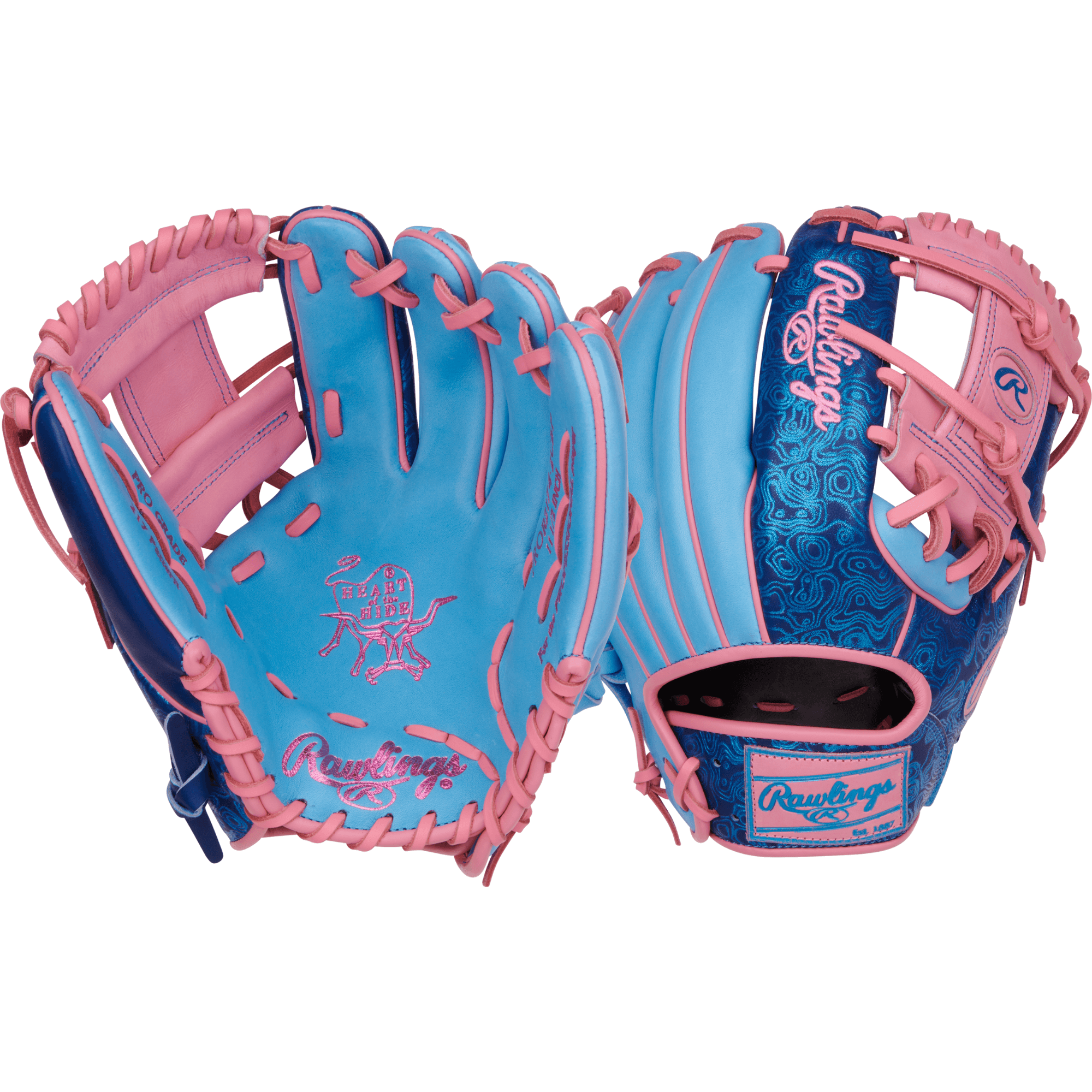 Rawlings Vibrant Series Heart of the Hide 11.5 glove in Columbia blue and pink, designed for performance and style.