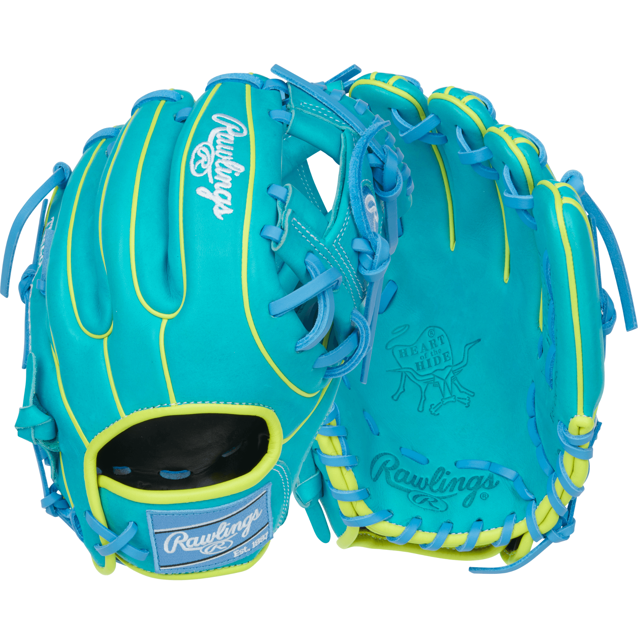 Rawlings Heart of the Hide Contour Fit 11.5" Teal/Yellow Infield Glove front and back view