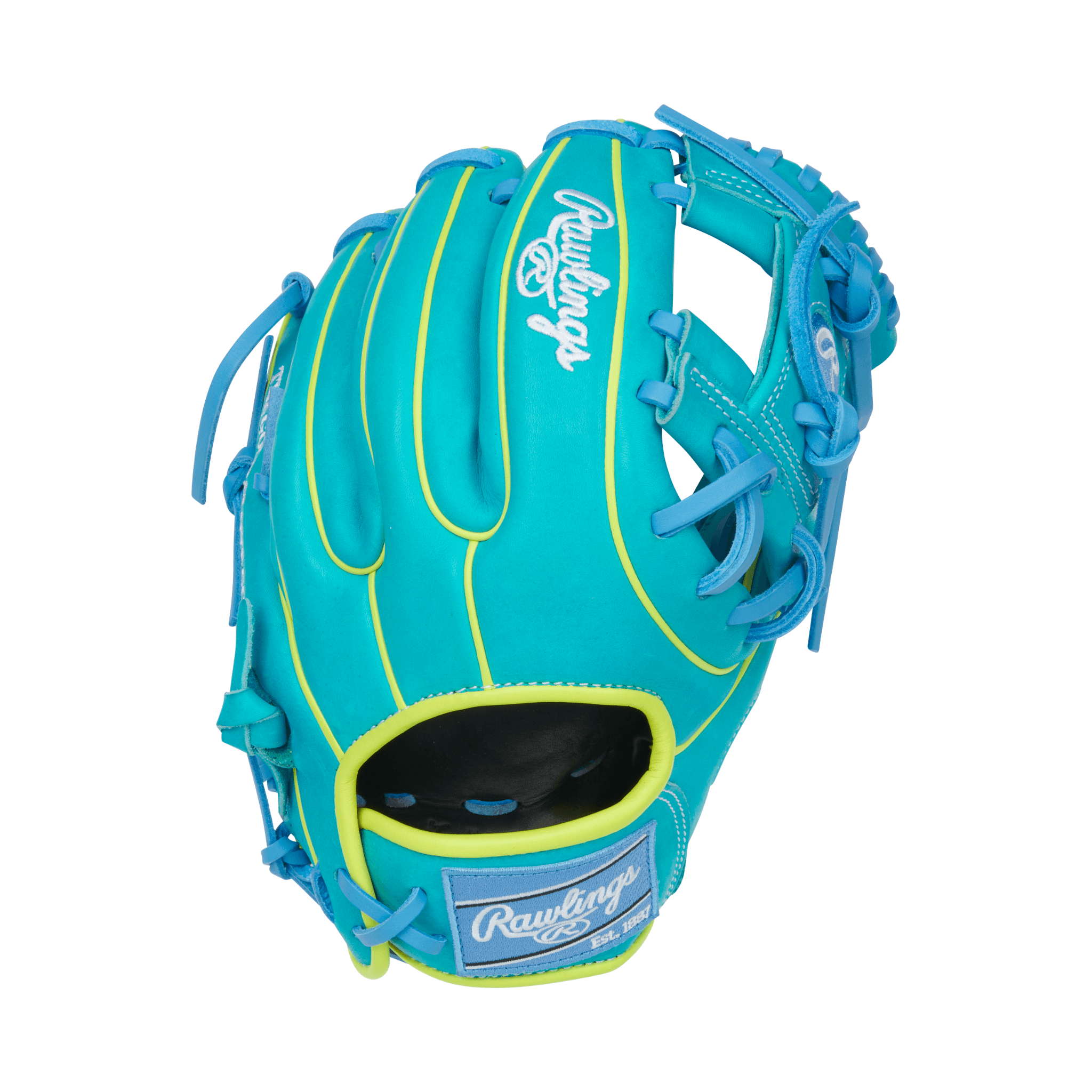 Back view of Rawlings Heart of the Hide Contour Fit 11.5" Teal/Yellow Infield Glove
