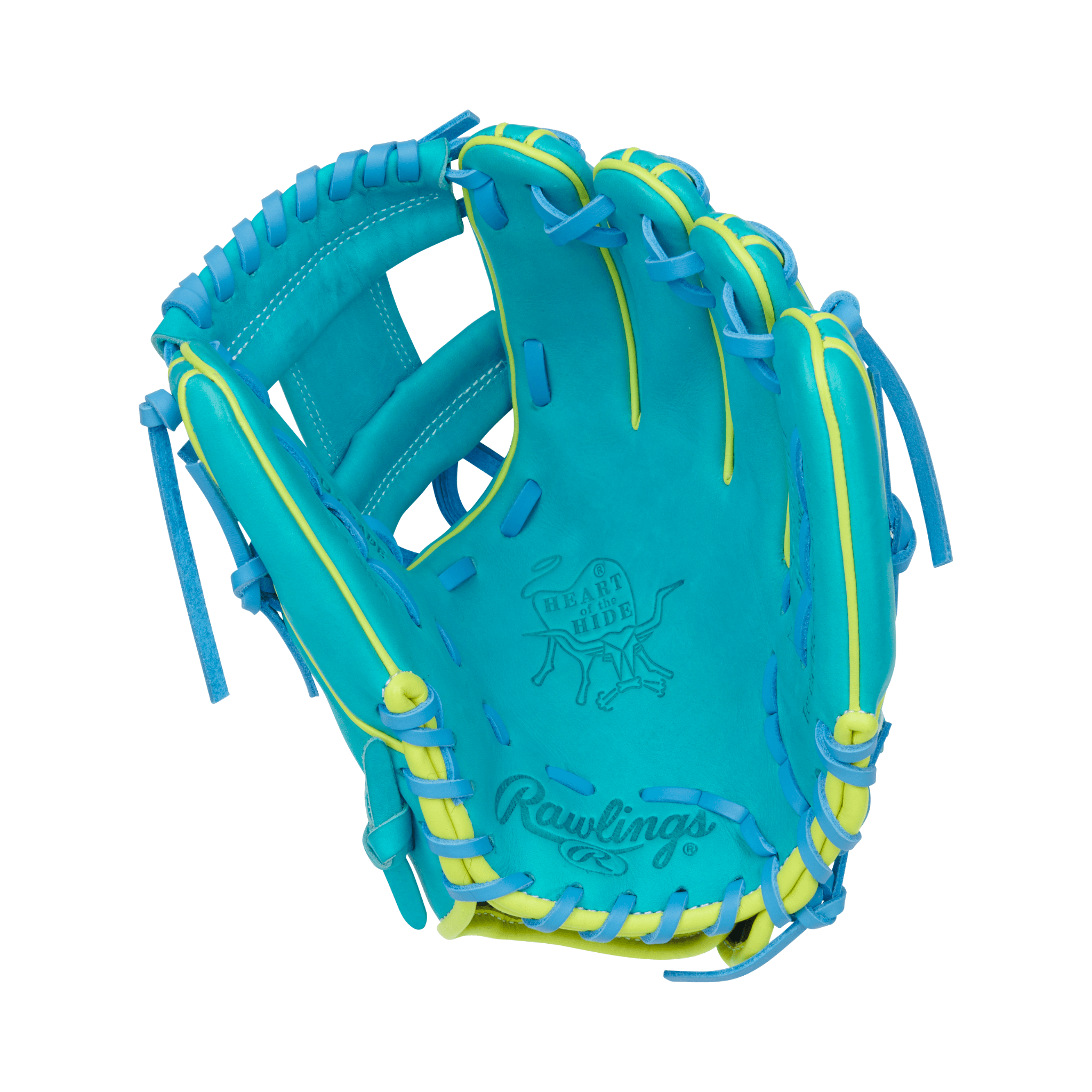 Palm view of Rawlings Heart of the Hide Contour Fit 11.5" Teal/Yellow Infield Glove