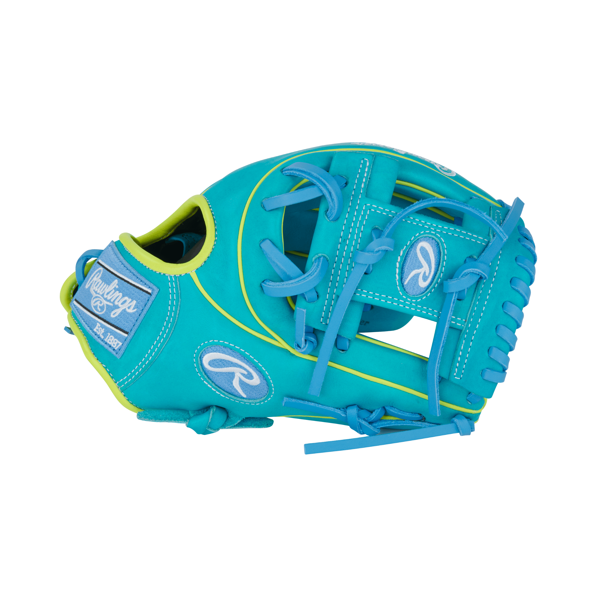 Palm view of Rawlings Heart of the Hide Contour Fit 11.5" Teal/Yellow Infield Glove