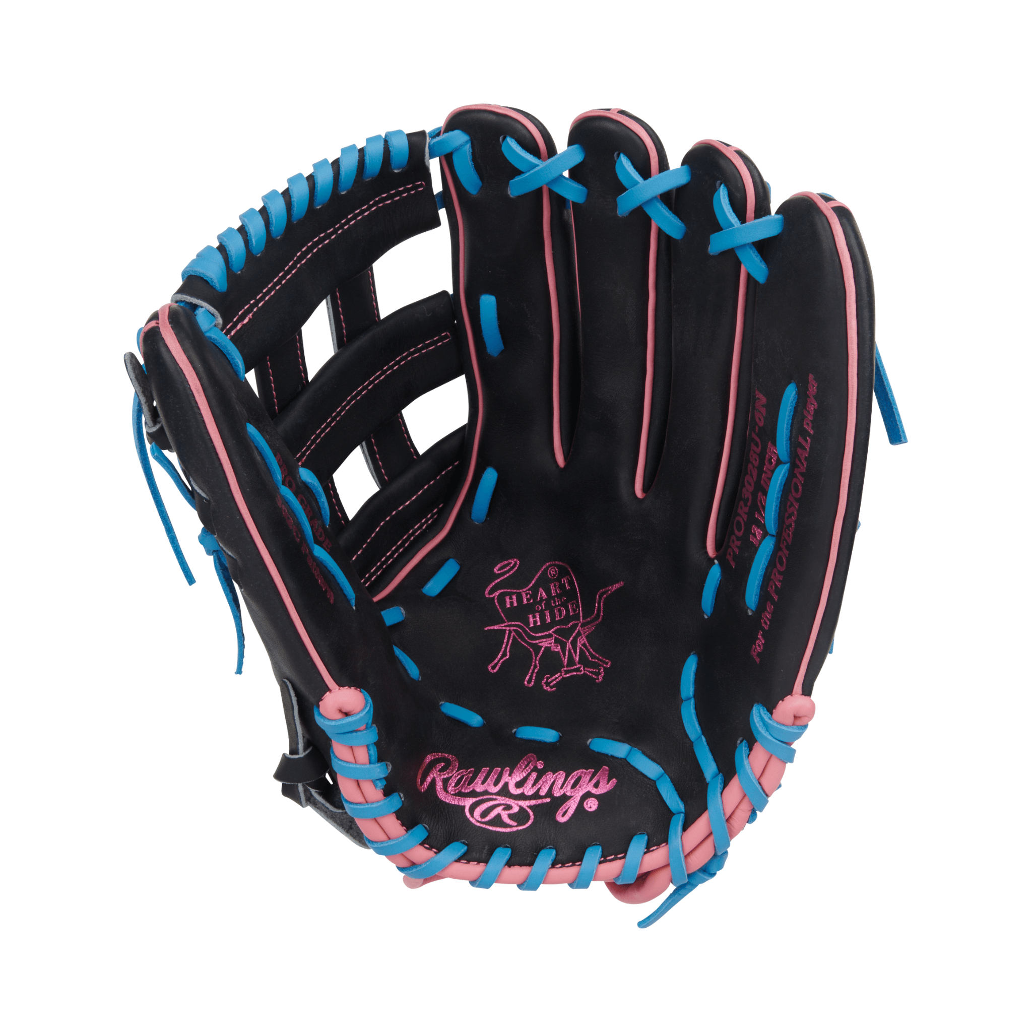Rawlings Heart Of The Hide Series Contour Fit glove, palm view, 12.5-inch, black with Columbia Blue and Pink lacing, H-web design