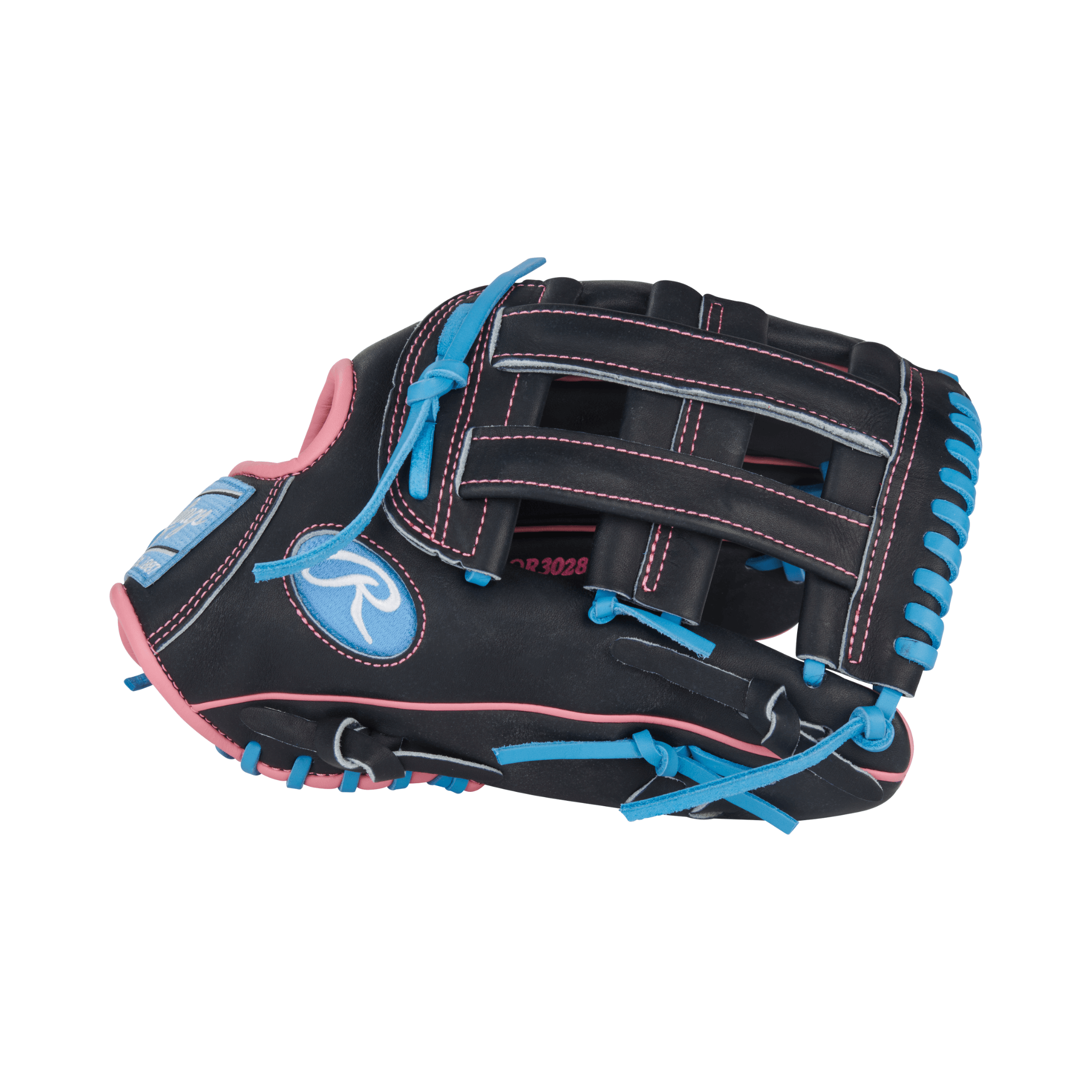 Backhand view of Rawlings Heart Of The Hide Series Contour Fit glove in black, Columbia blue, and pink with Pro H web and lacing.
