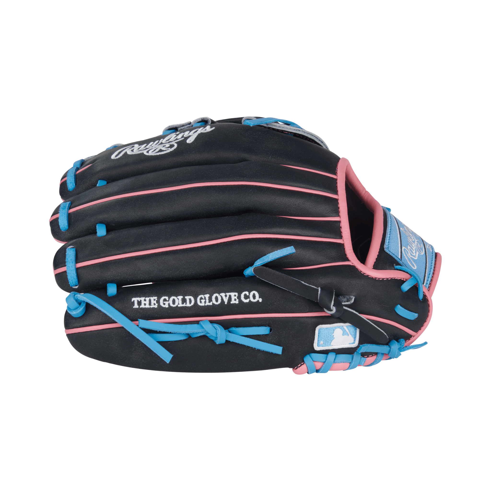 Rawlings Heart Of The Hide Series Contour Fit utility glove backhand view, black with Columbia blue and pink accents, Pro H™ web.