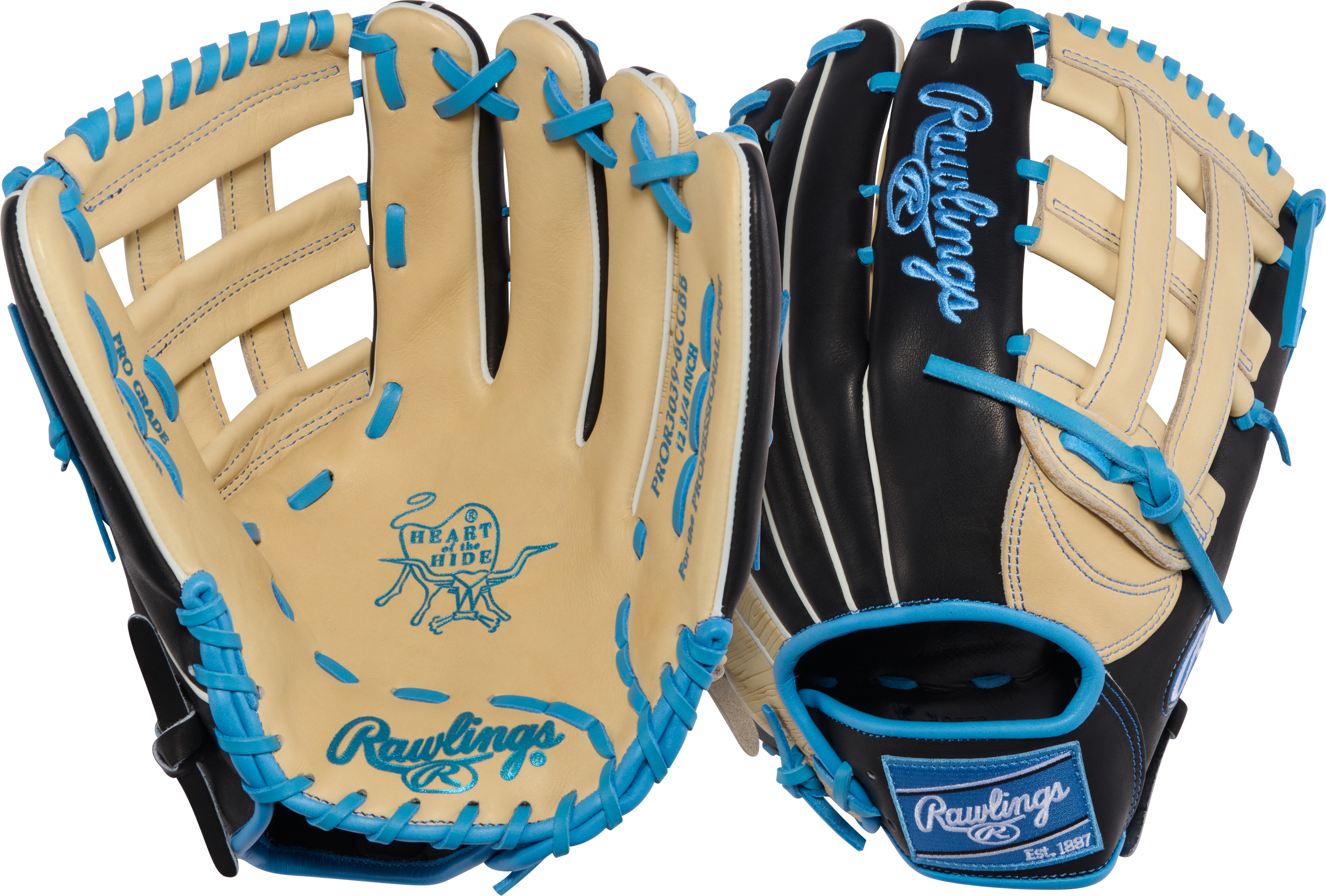 Rawlings PROR3039-6CCBB Outfield Glove combination front/back view showing the Pro H Web and deep pocket