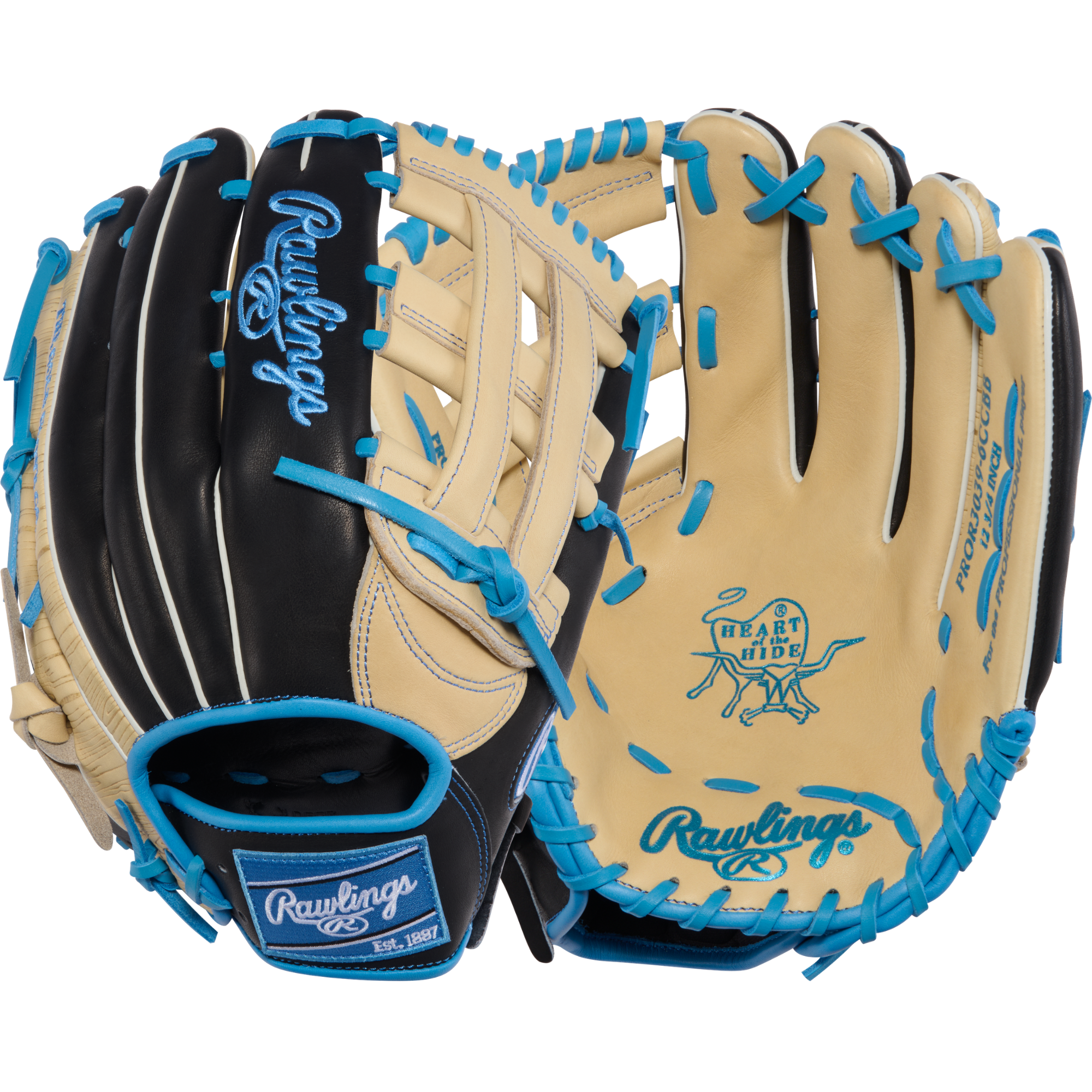 Rawlings PROR3039-6CCBB Outfield Glove combination back/front view showing the 303 outfield design