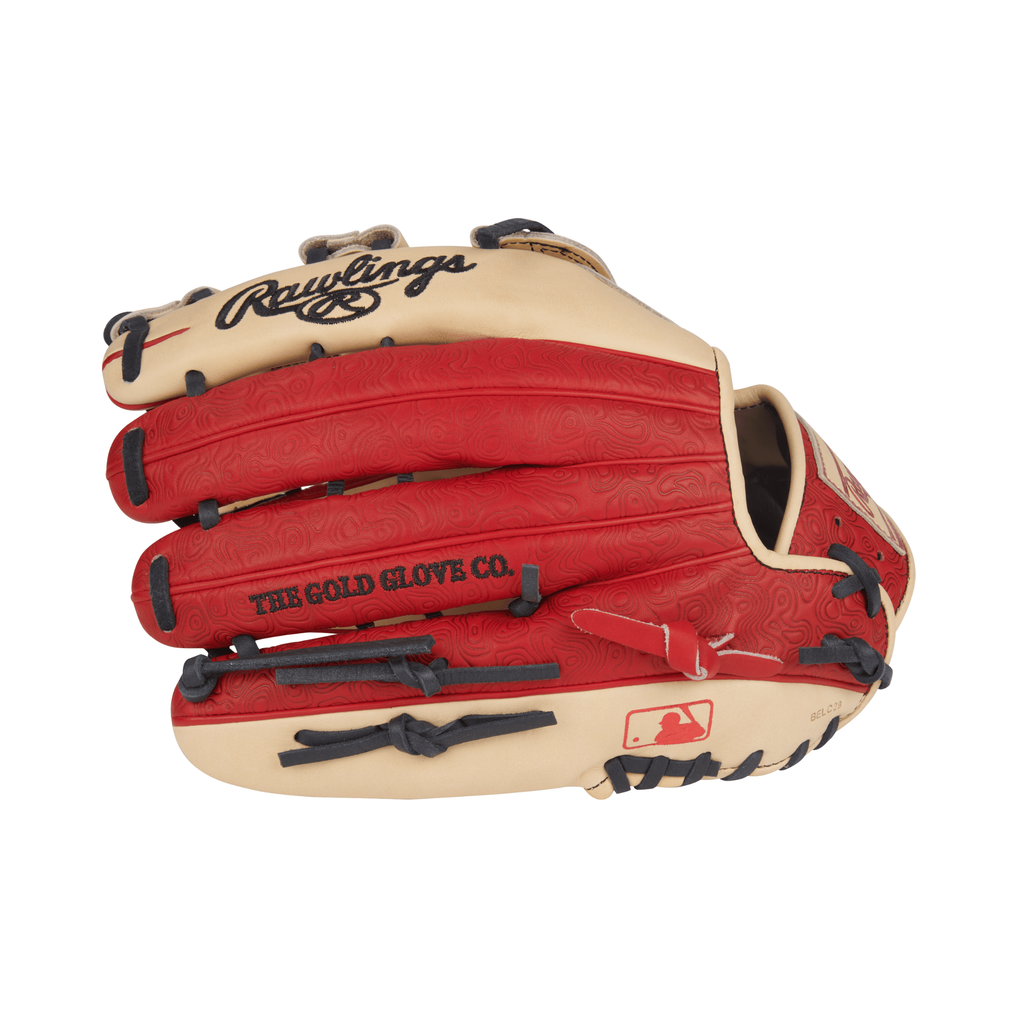 Close-up of finger stalls on Rawlings Heart of the Hide 12.75" Camel/Scarlet outfield glove with strong lacing and Pro H web design