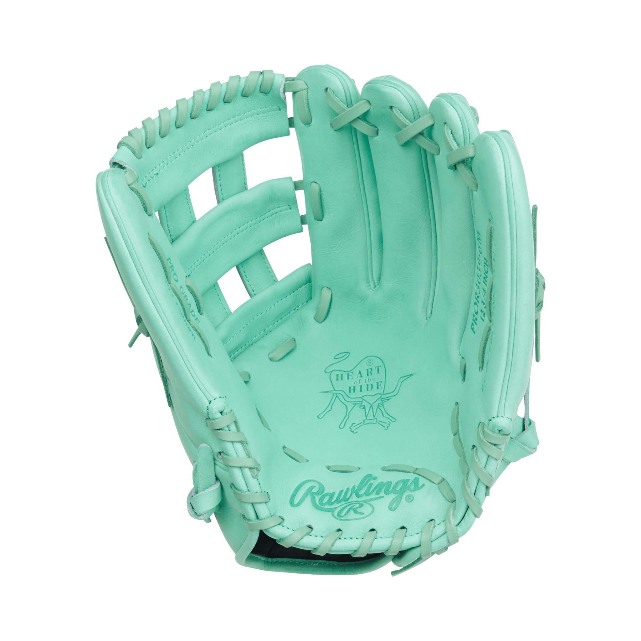 Palm view of Rawlings Heart of the Hide 12.75" Mint outfield glove with deep pocket and deer-tanned cowhide lining