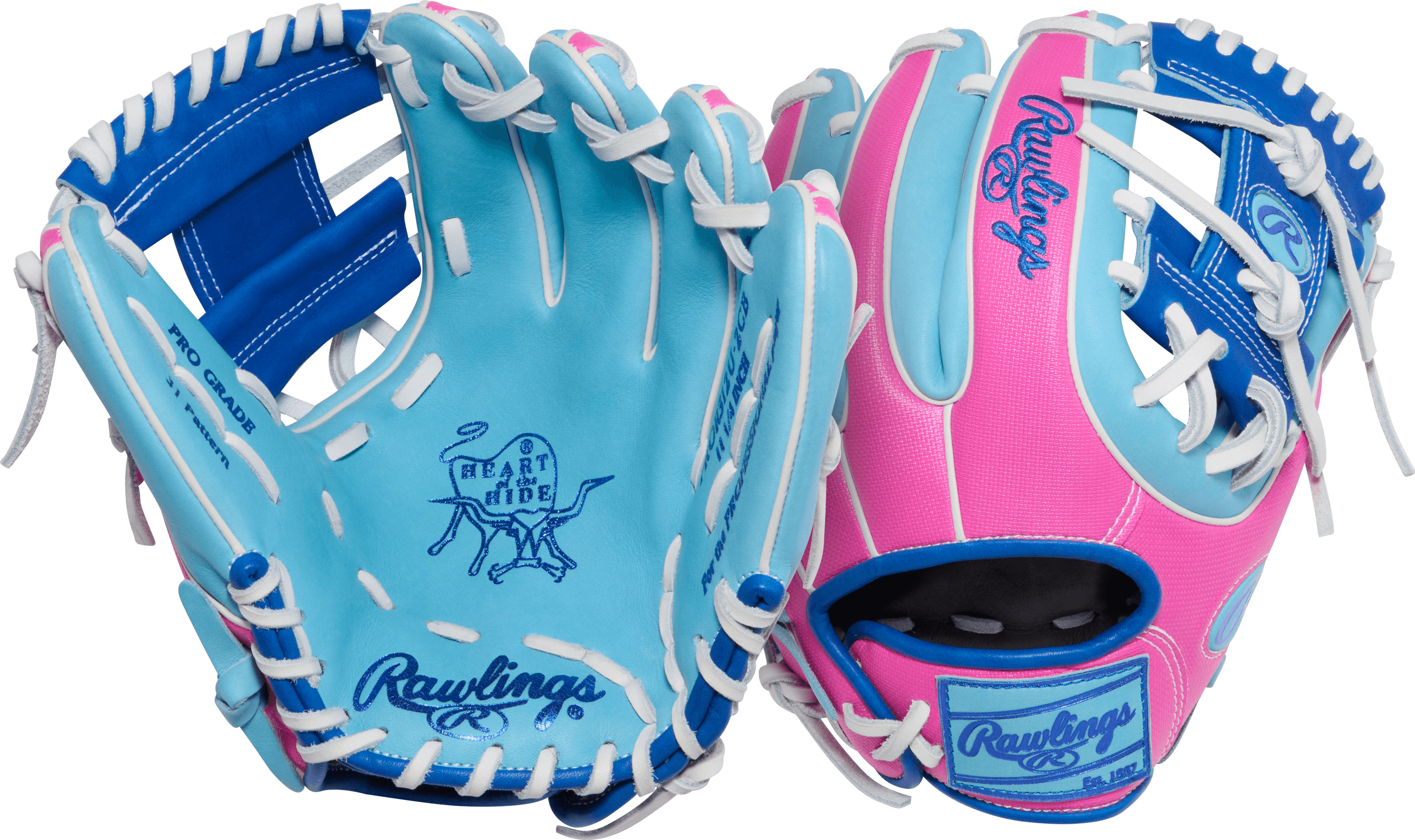 Rawlings April 2026 Gold Glove Club RGGC (GOTM) PROR312U-2CB 11.25" Baseball Glove in pastel blue and pink, palm and backhand view.
