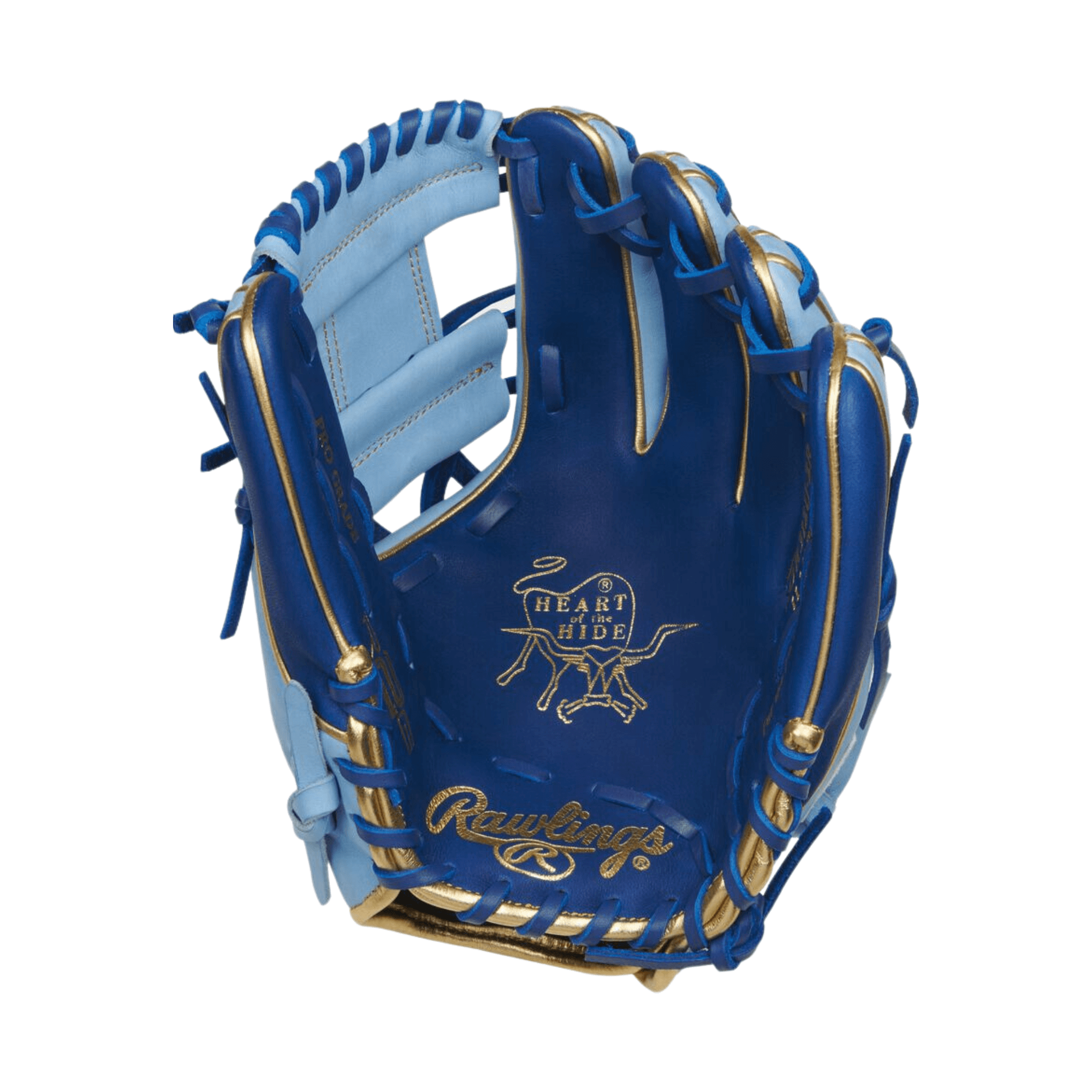Rawlings Heart of the Hide R2G Contour Fit 11.25" baseball glove in blue and gold, designed for optimal fit and performance.