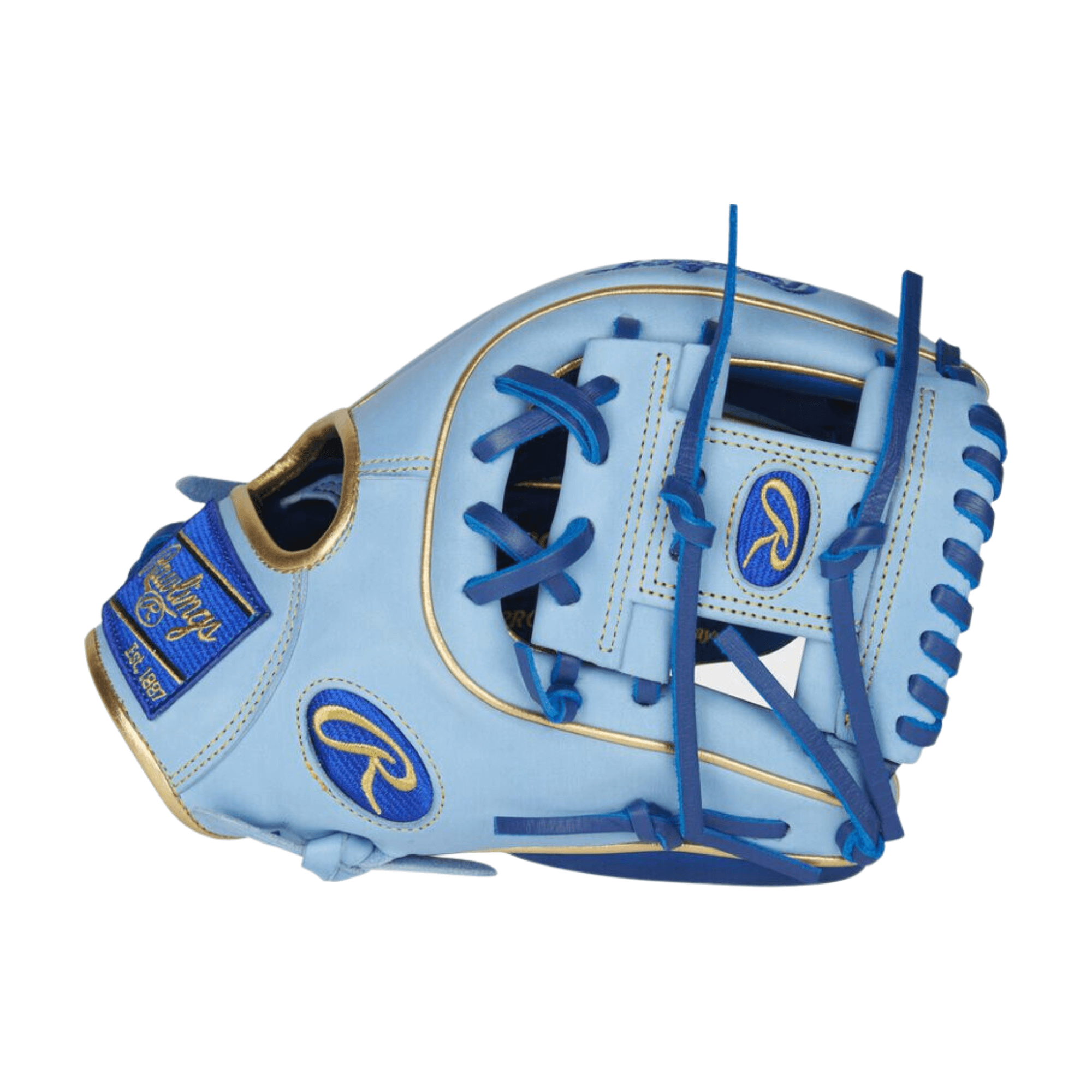 Rawlings Heart of the Hide R2G 11.25" Contour Fit Baseball Glove in light blue with gold accents, designed for smaller hands.