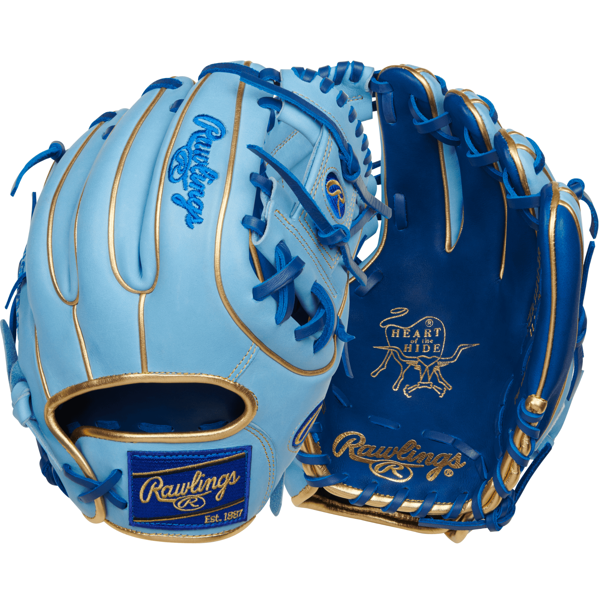 Rawlings Heart of the Hide R2G 11.25" baseball glove in blue and gold, designed for superior fit and performance.