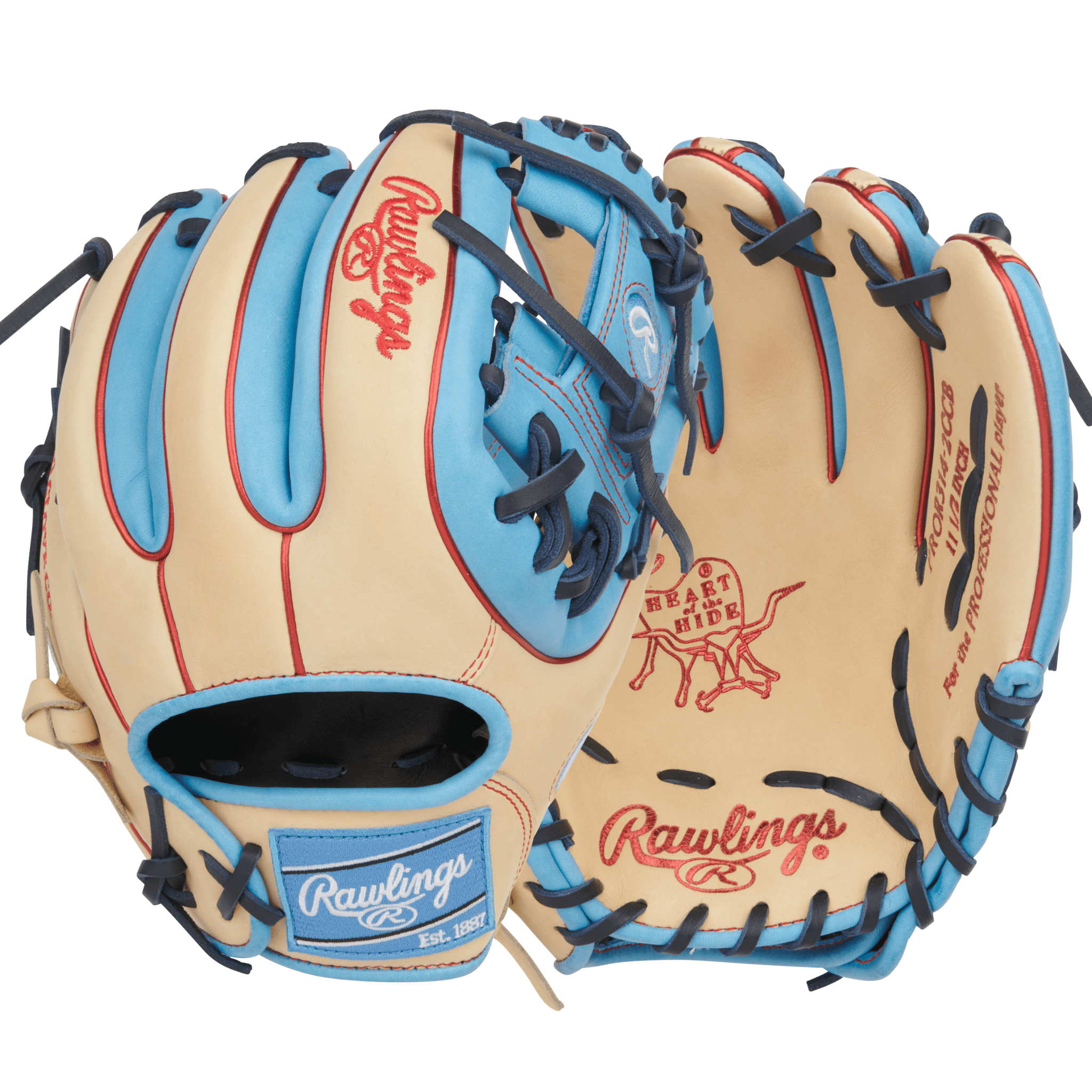 Rawlings Heart of the Hide 11.5" Infield Glove front and back in Camel and Columbia Blue
