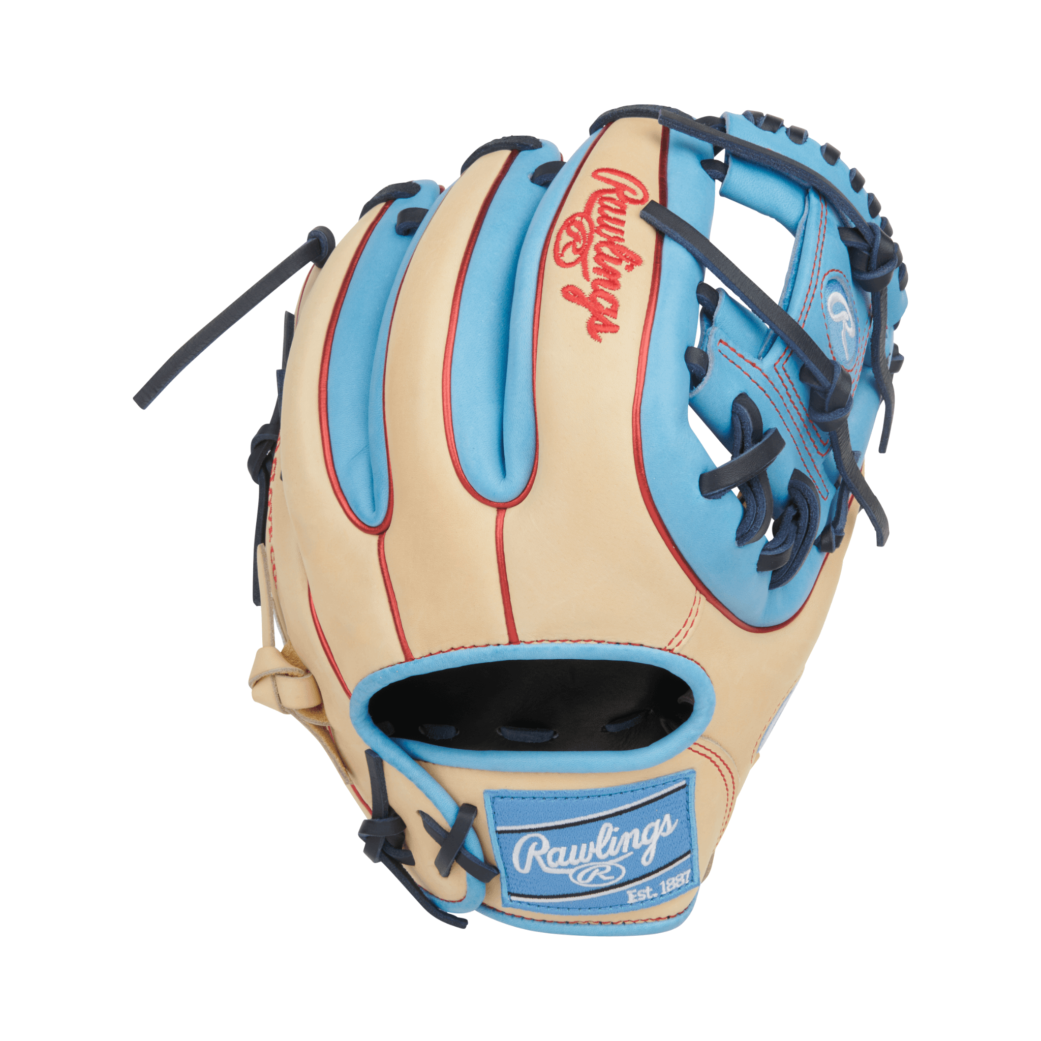Back view of Rawlings HOH 11.5" Baseball Glove in Camel and Columbia Blue colorway