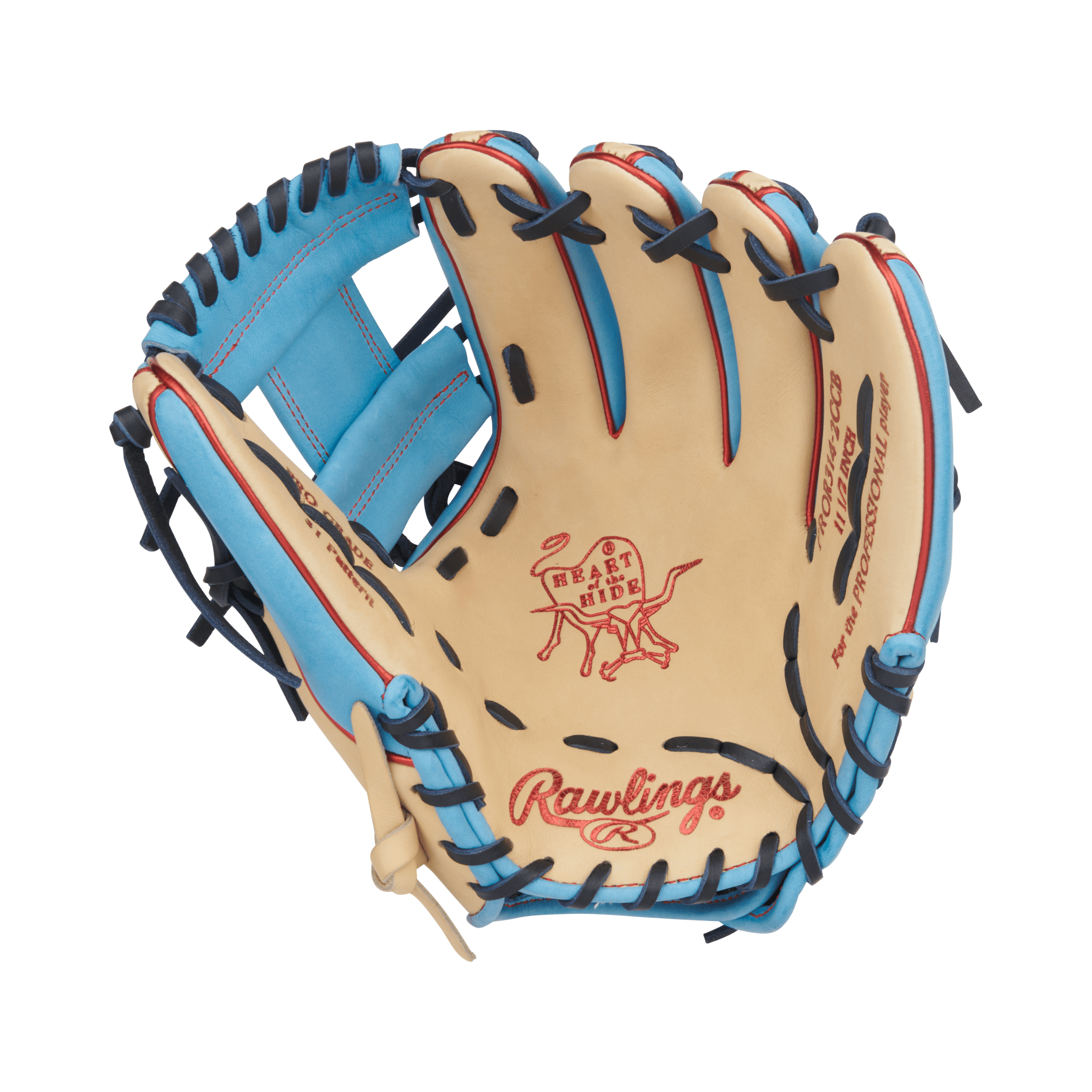 Palm side of Rawlings HOH 11.5" Glove made from premium steerhide leather in Camel/Columbia Blue