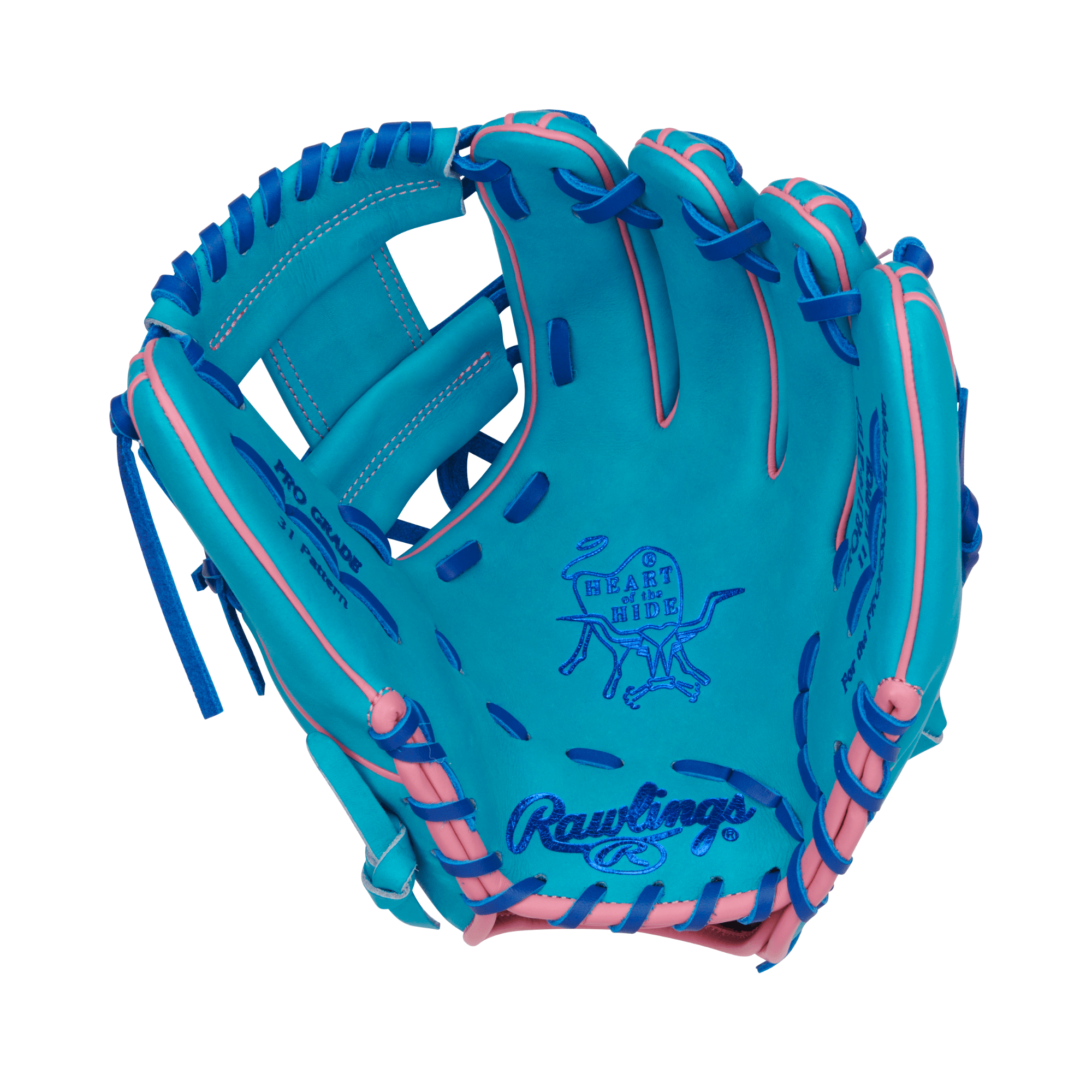 Rawlings Vibrant Series Heart of the Hide 11.5 glove in teal, royal, and pink with Pro-I web design.