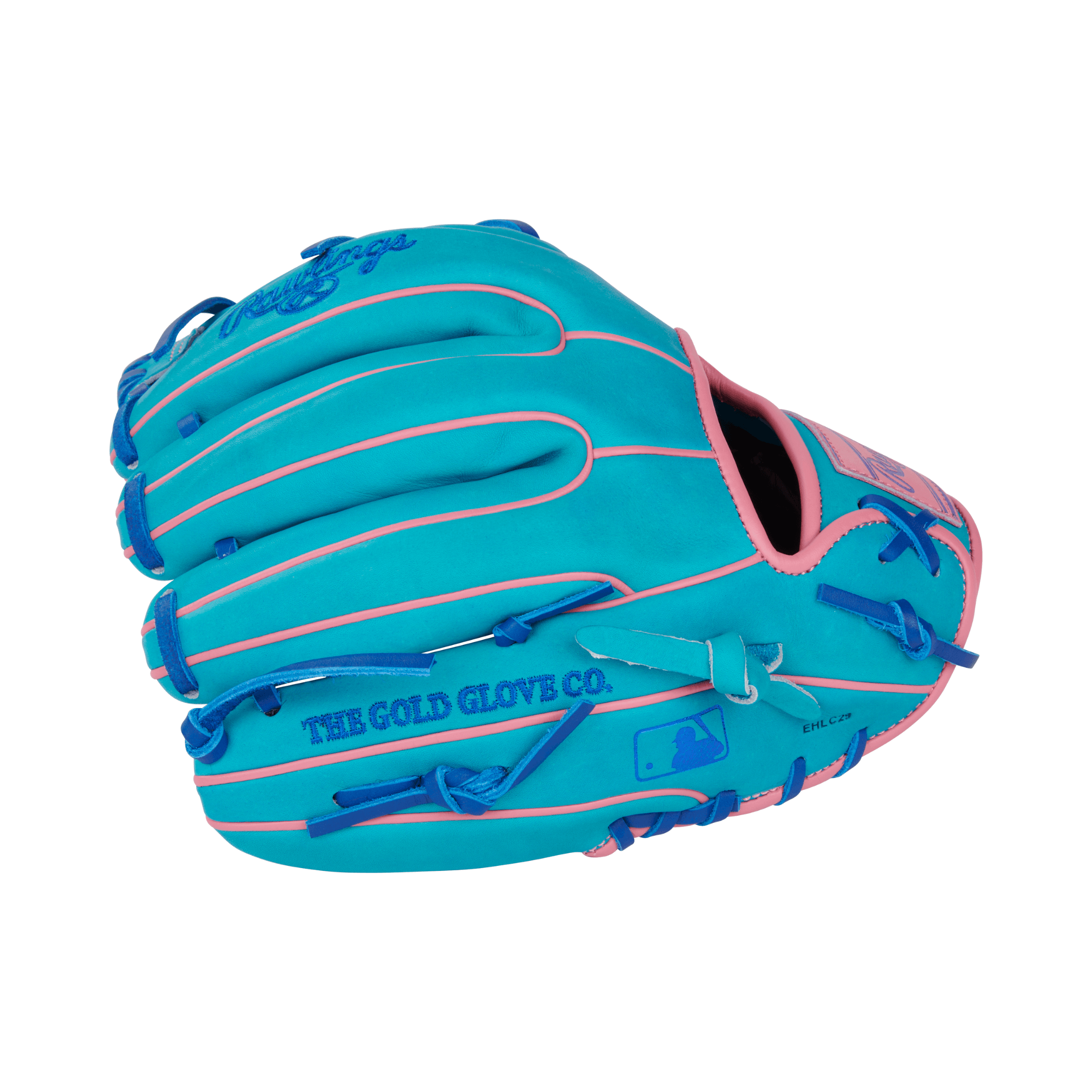 Rawlings Vibrant Series Heart of the Hide 11.5 Teal/Royal/Pink baseball glove showcasing teal leather with pink accents.