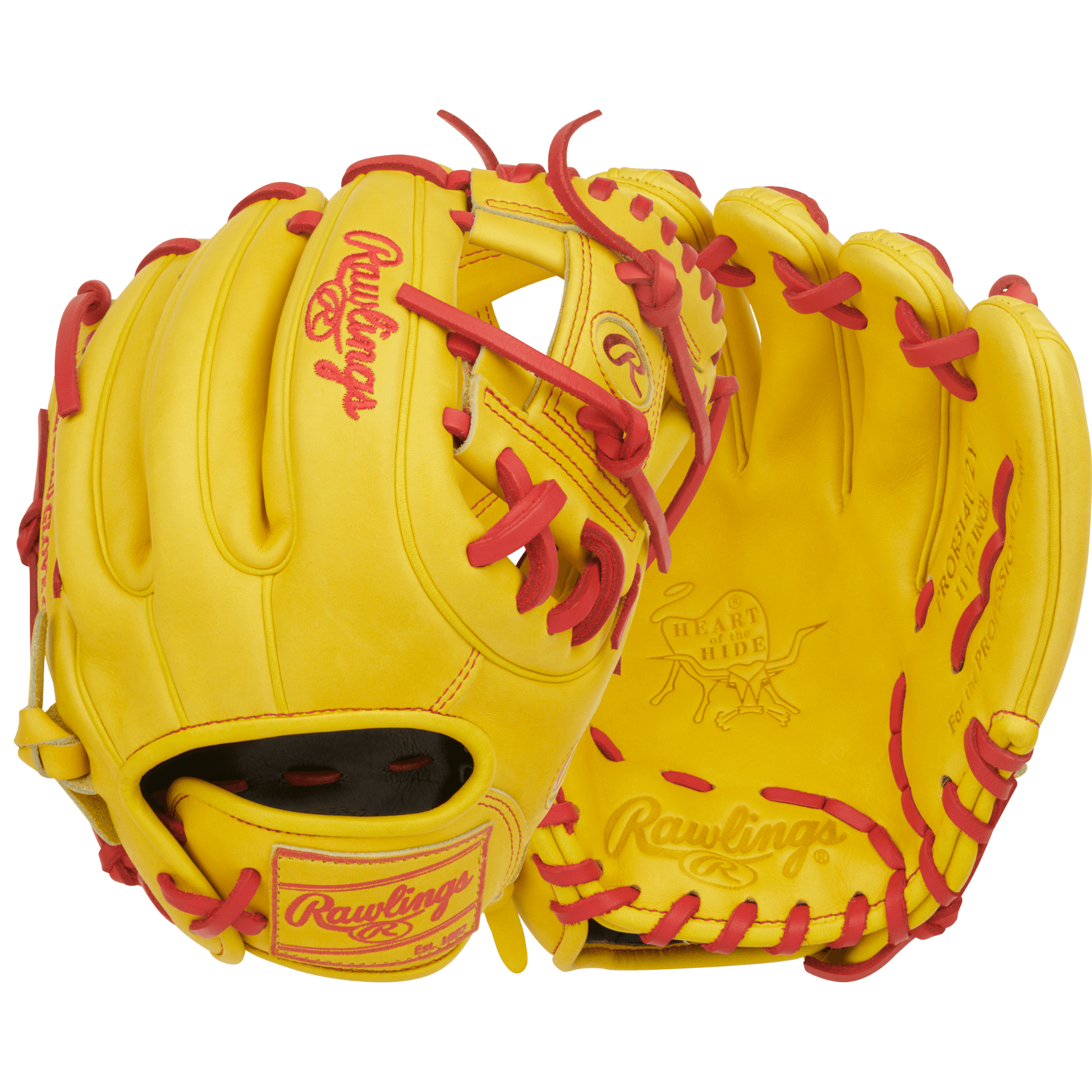 Rawlings Heart of the Hide 11.5" Glove Yellow/Scarlet front and back view for infield play