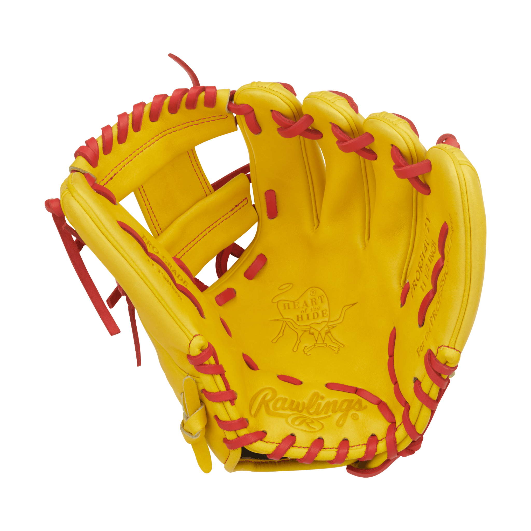 Palm side view of Rawlings Heart of the Hide 11.5" Glove in Yellow and Scarlet