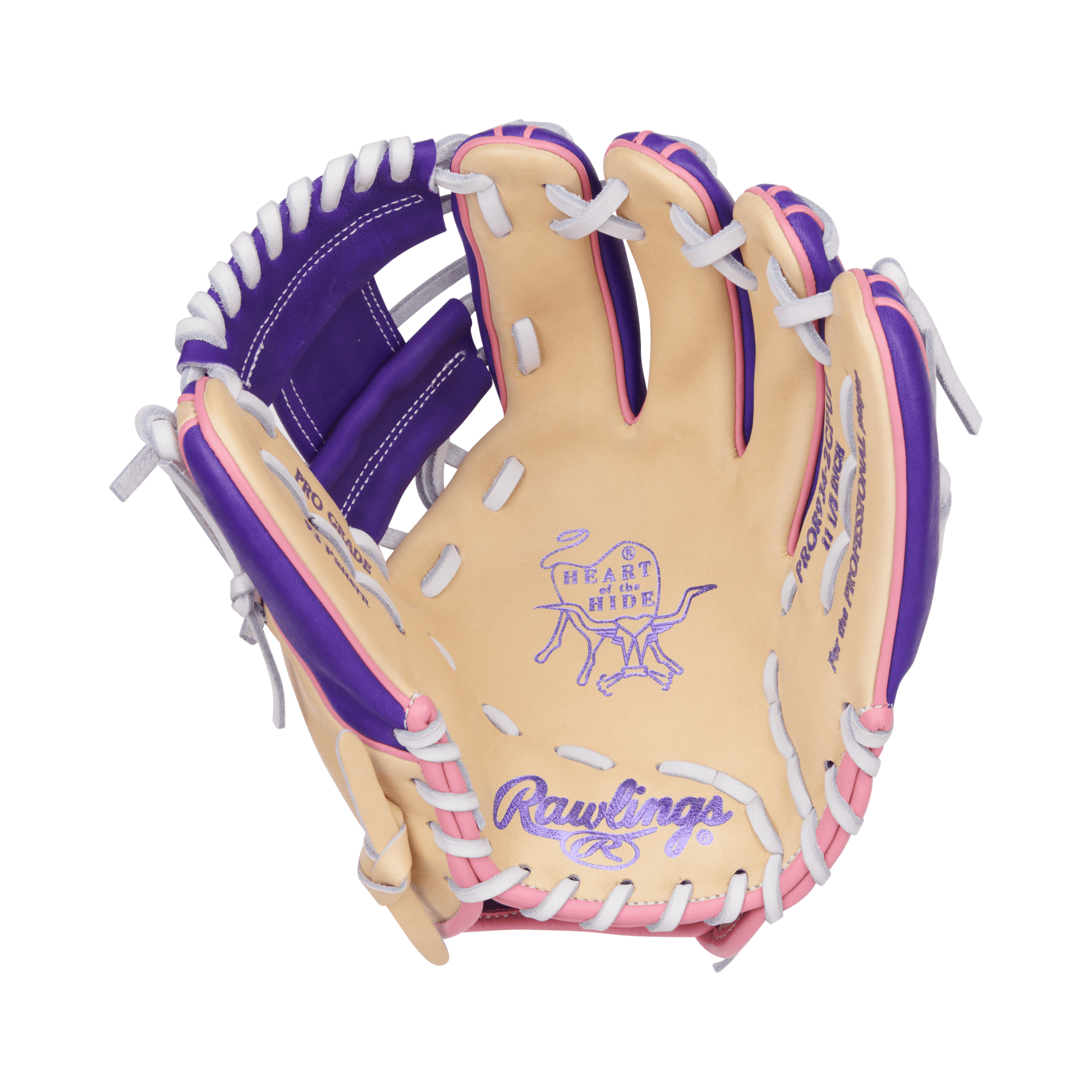 Rawlings Vibrant Series Heart of the Hide 11.5 glove in camel, purple, and pink with Pro-I web design.