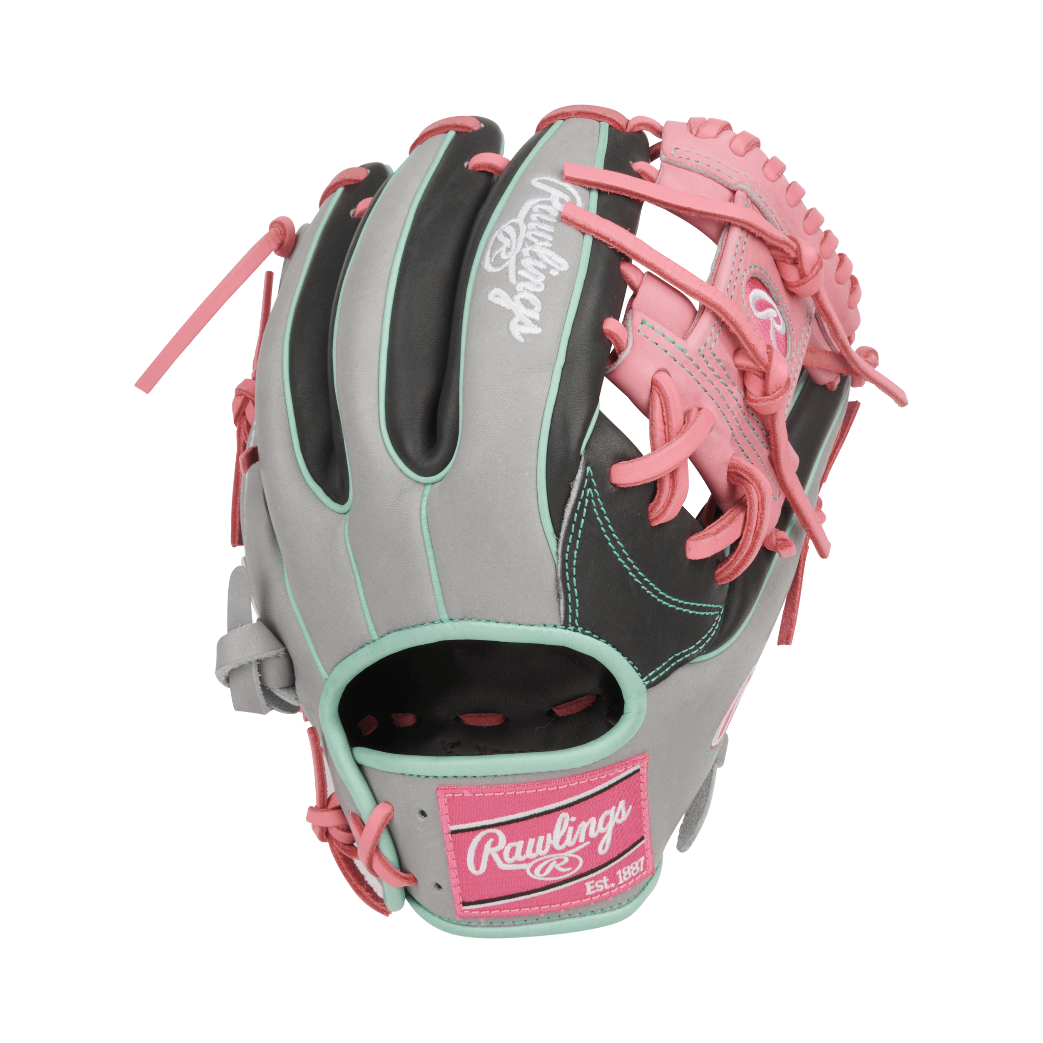 Back view of Rawlings HOH 11.5" Baseball Glove featuring Dark Shadow, Gray, and Pink design