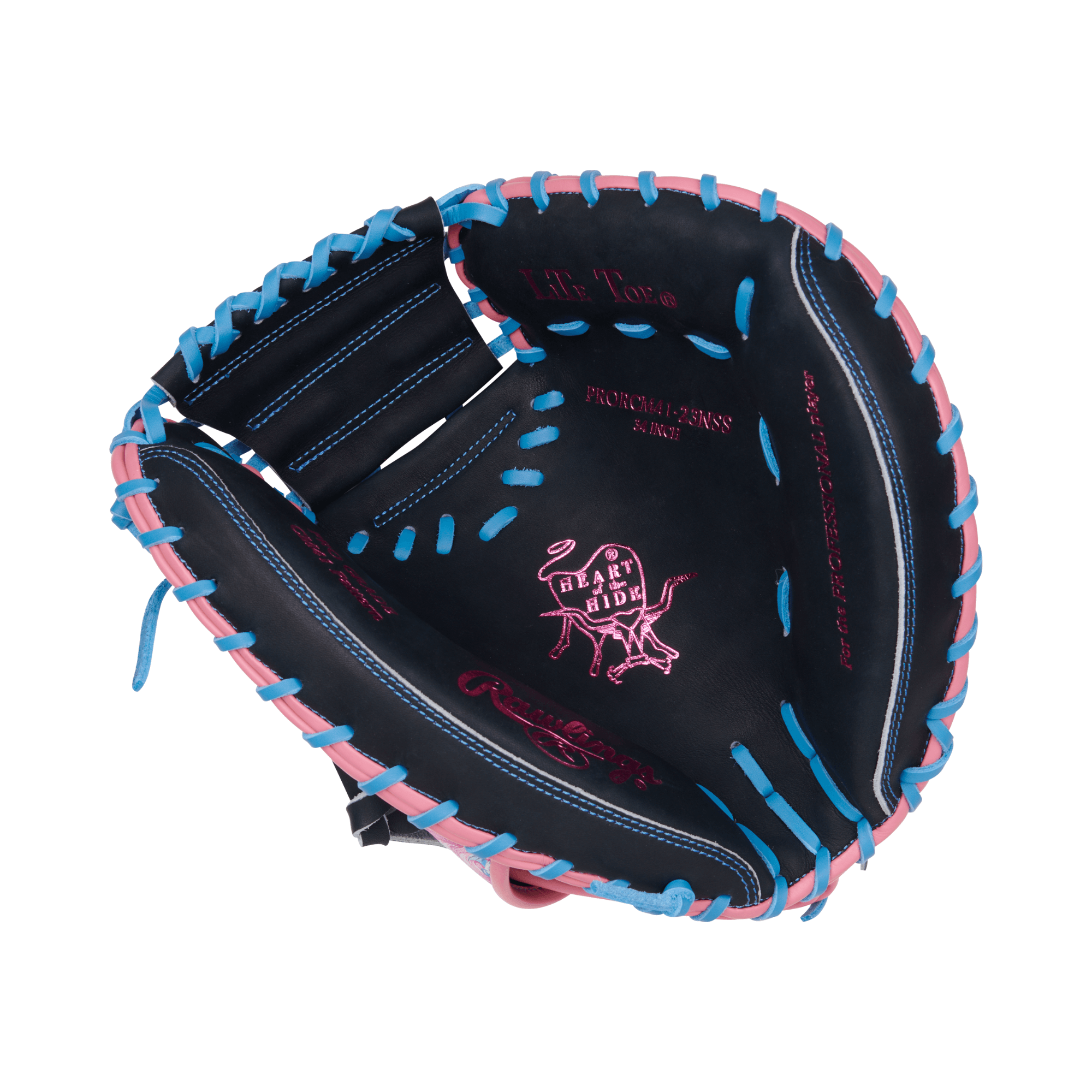 Rawlings Heart of the Hide Colorsync 9.0 Catcher's Mitt 34" in navy and pink for enhanced control and performance.