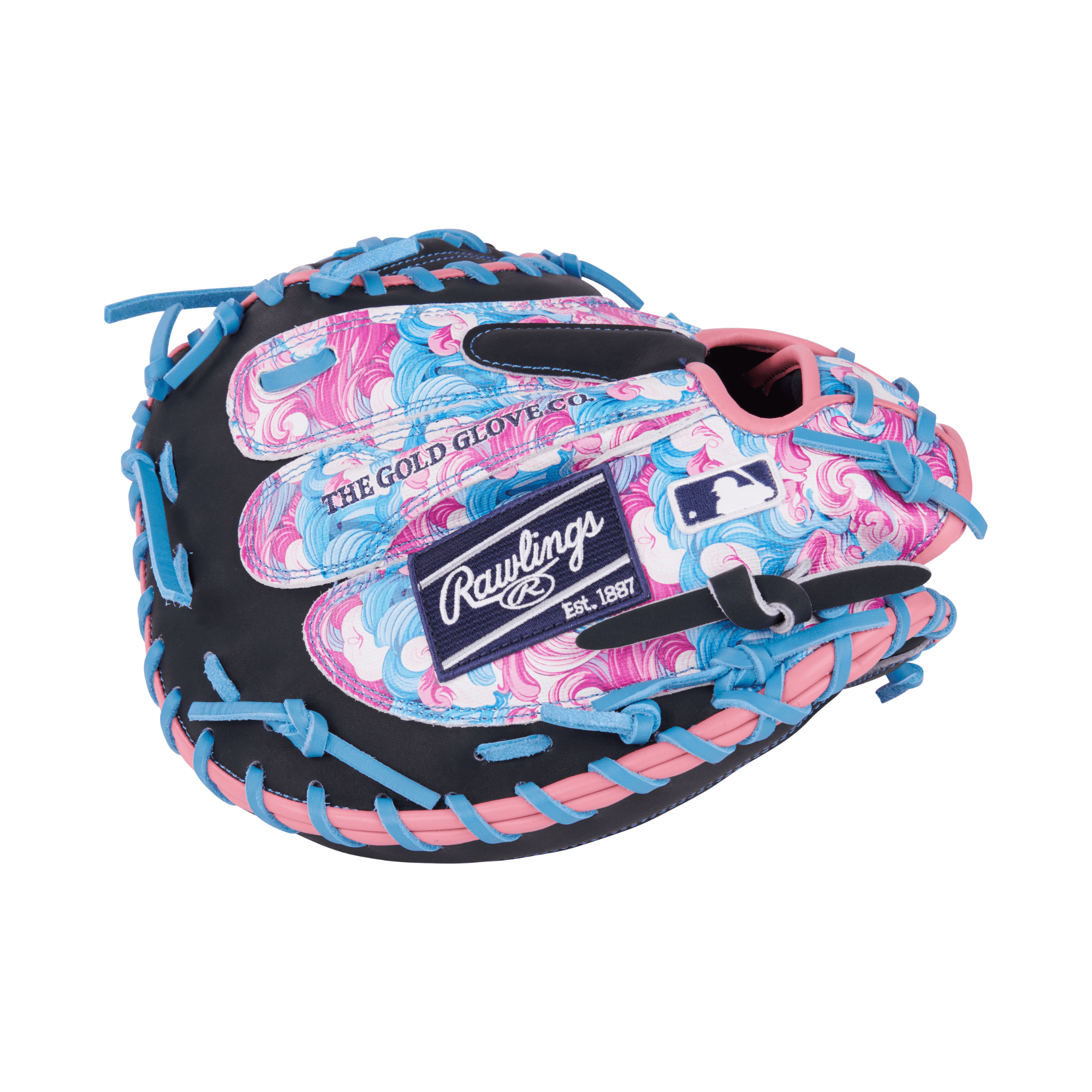 Rawlings Heart of the Hide Colorsync 9.0 Catcher's Mitt 34" with vibrant pink and blue design.