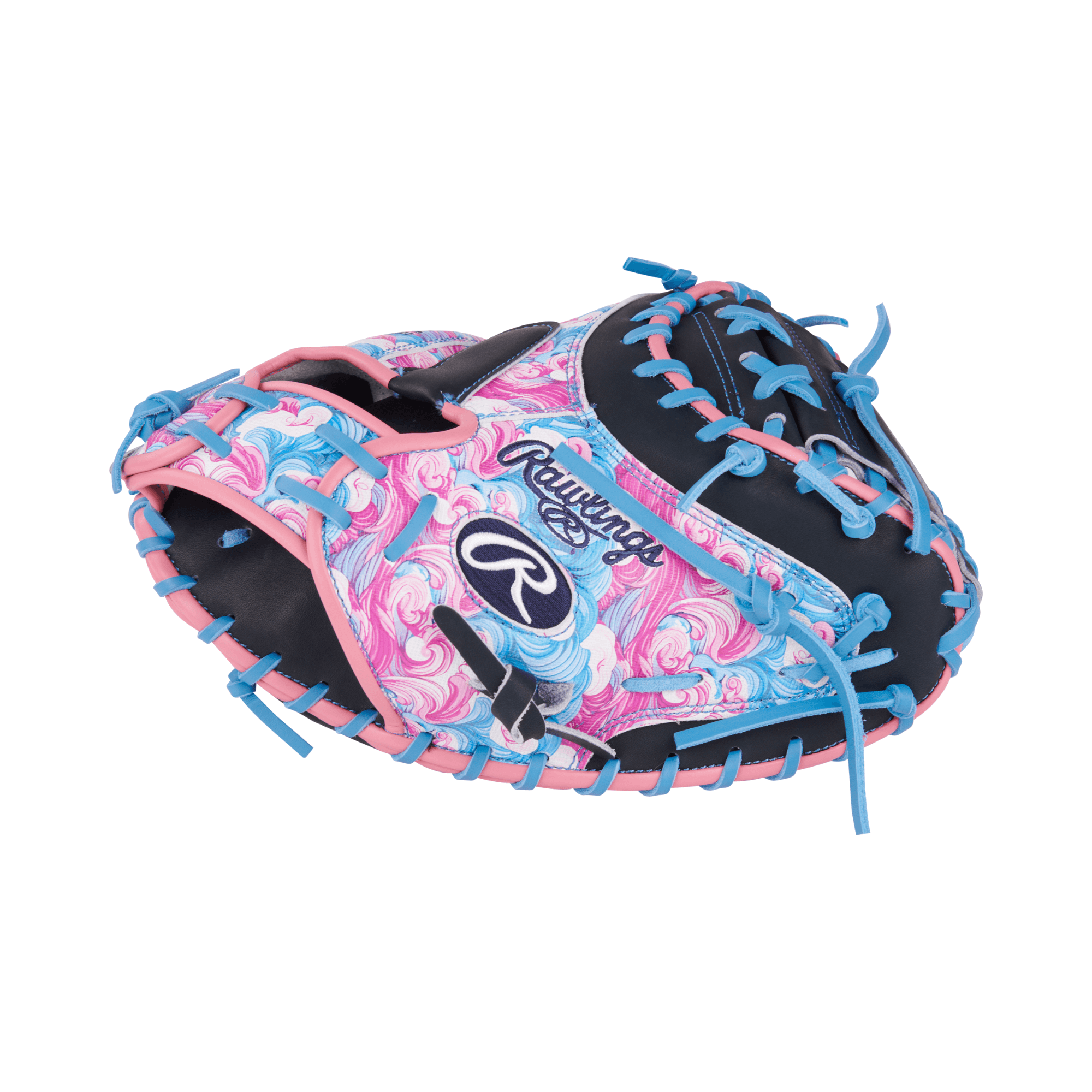 Rawlings Heart of the Hide Colorsync 9.0 Catcher's Mitt 34" in Navy, Columbia, and Waves design.