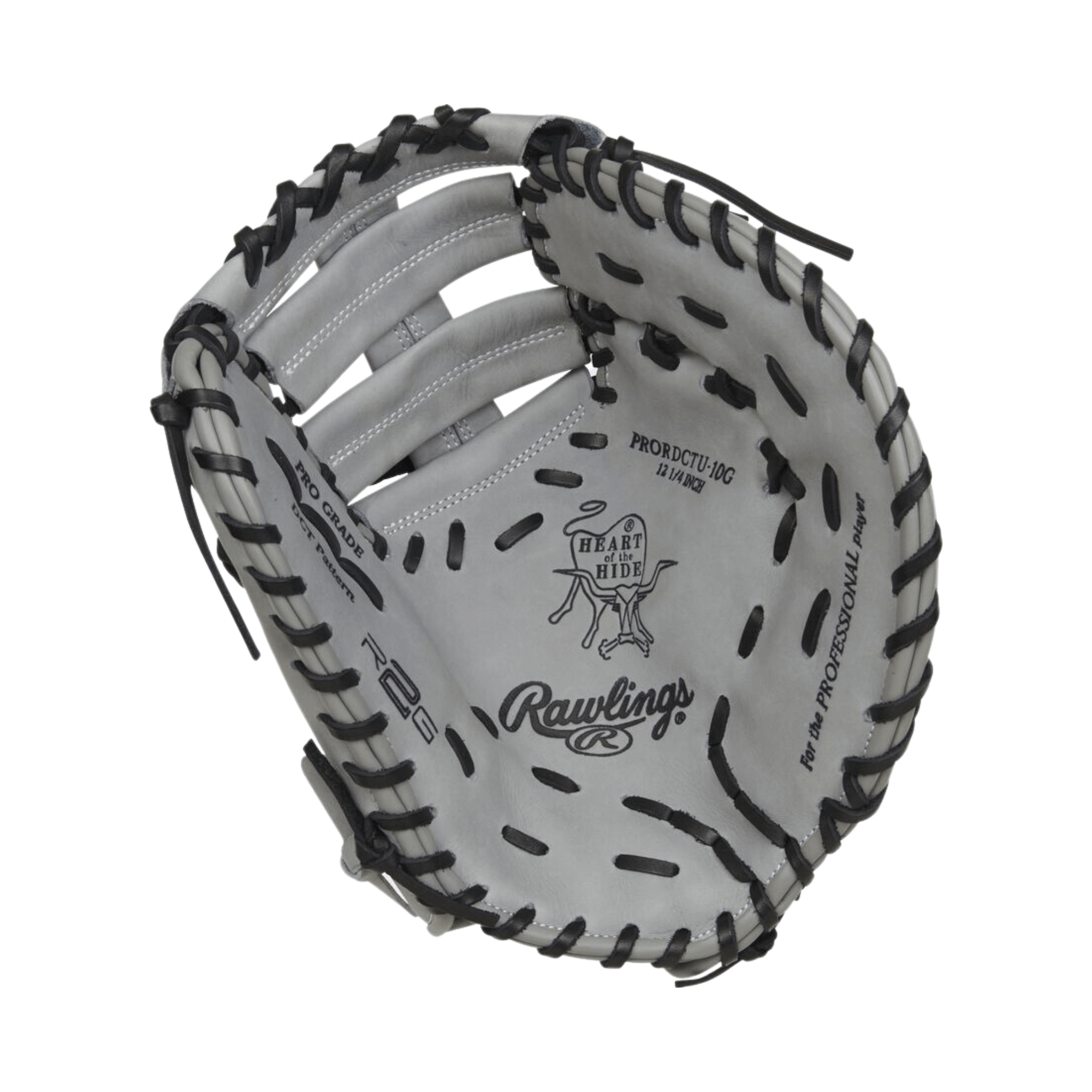 Rawlings Heart of the Hide 12.25-inch ContoUR Fit first base mitt in gray leather, showing interior and web design.