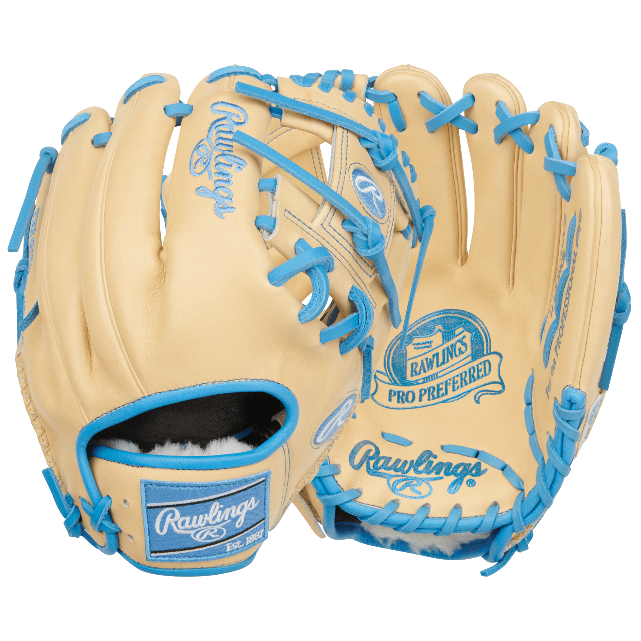 Rawlings Pro Preferred 11.5" Camel/Columbia Blue infield glove front and back view with Pro I web and 200 pattern in kip leather