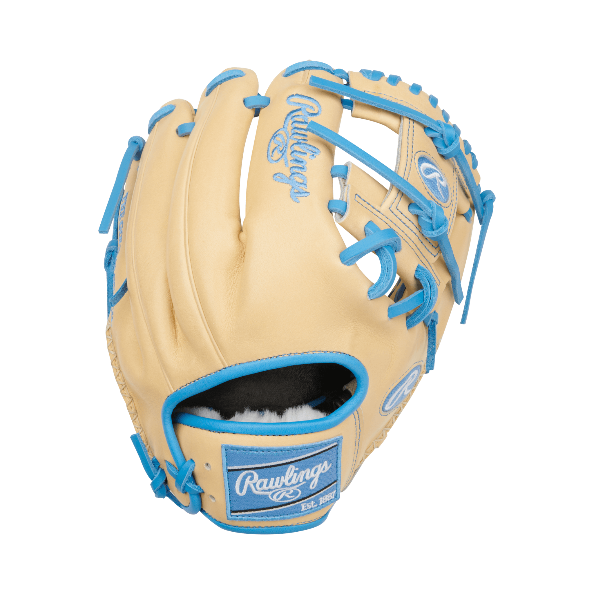 Back view of Rawlings Pro Preferred 11.5" Camel/Columbia Blue baseball glove showing pro-grade kip leather and durable lacing
