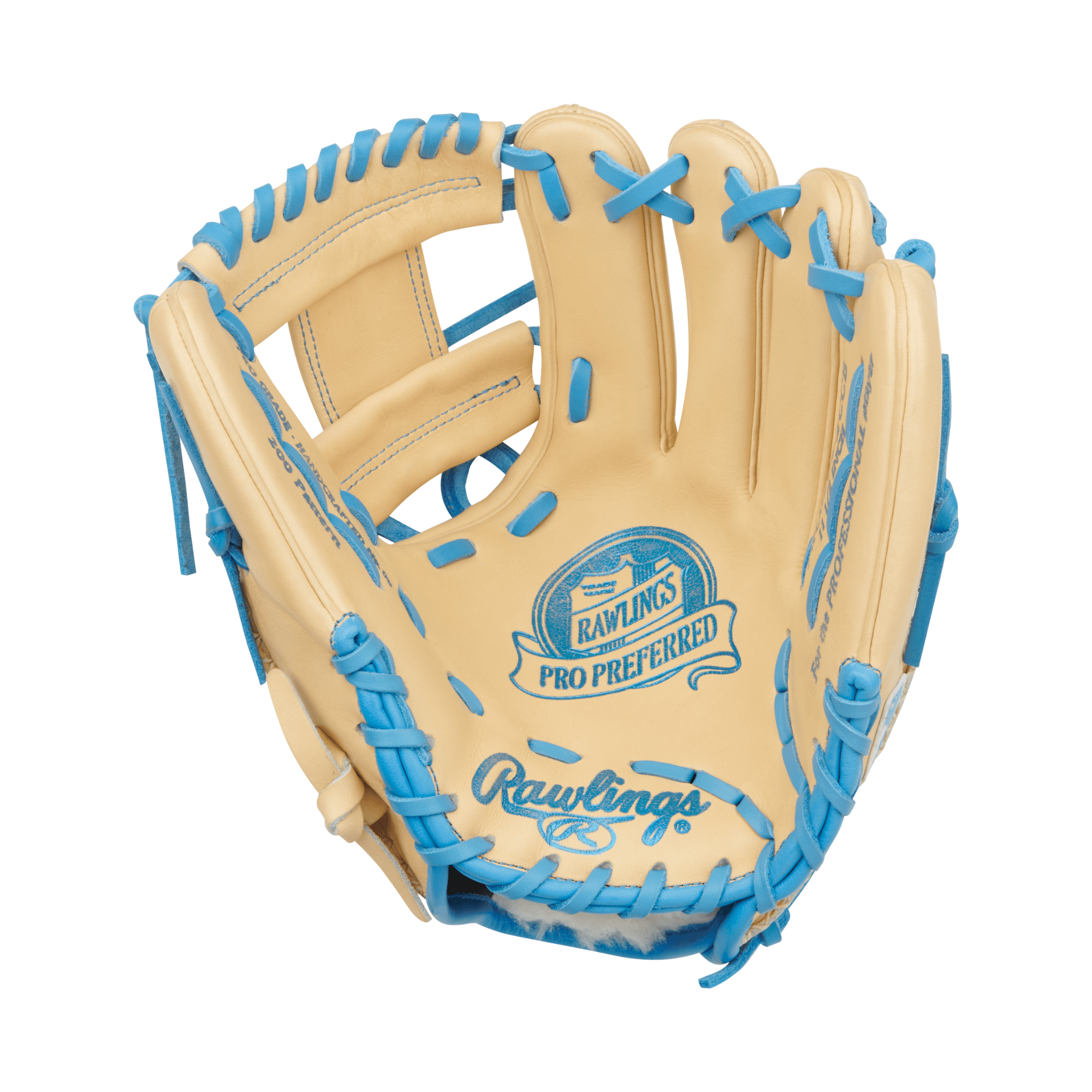 Back view of Rawlings Pro Preferred 11.5" Camel/Columbia Blue baseball glove showing pro-grade kip leather and durable lacing