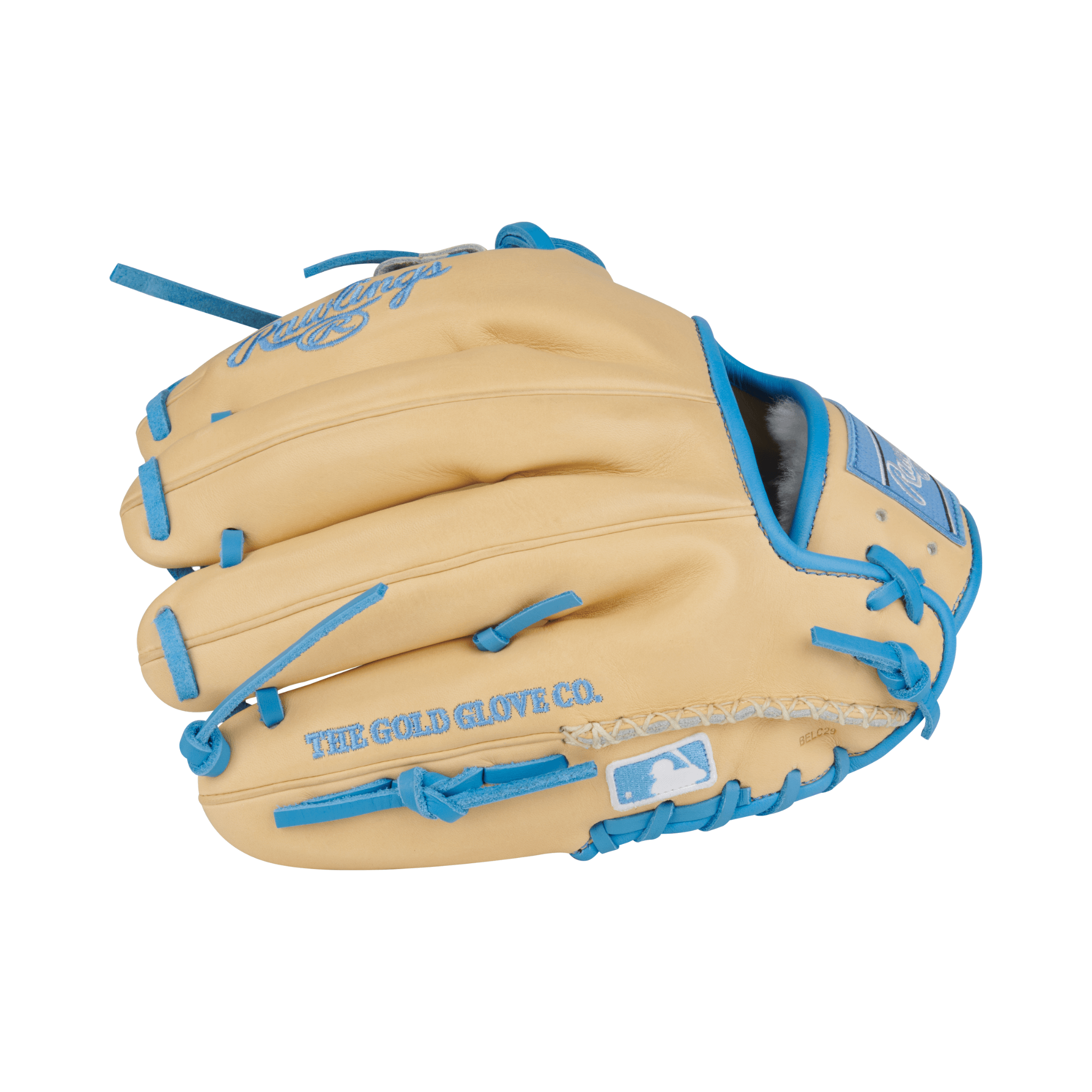 Close-up of finger stalls on Rawlings Pro Preferred 11.5" Camel/Columbia Blue infield glove with Pro I web for precision fielding