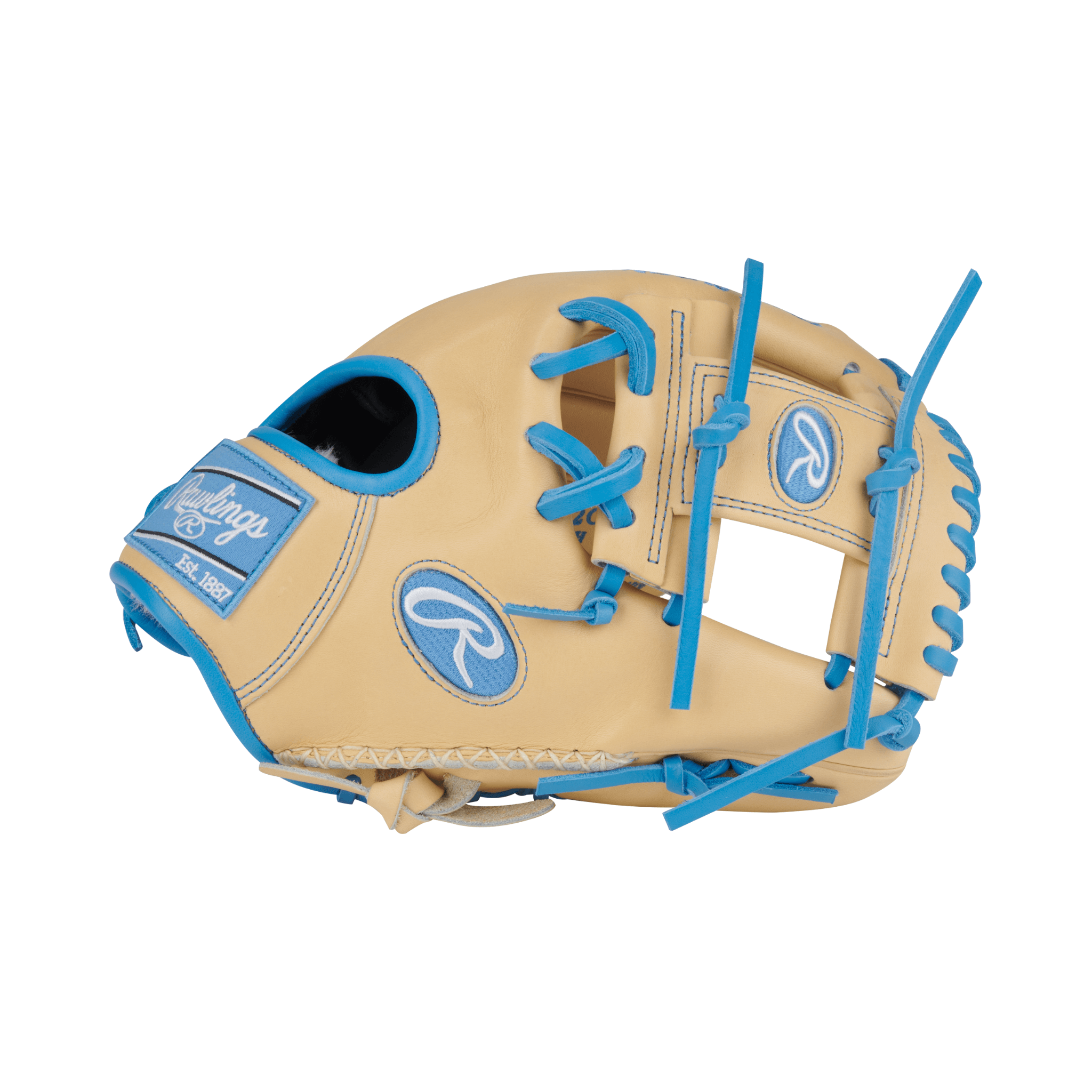 Close-up of thumb area on Rawlings Pro Preferred 11.5" Camel/Columbia Blue glove with padded thumb sleeve for comfort