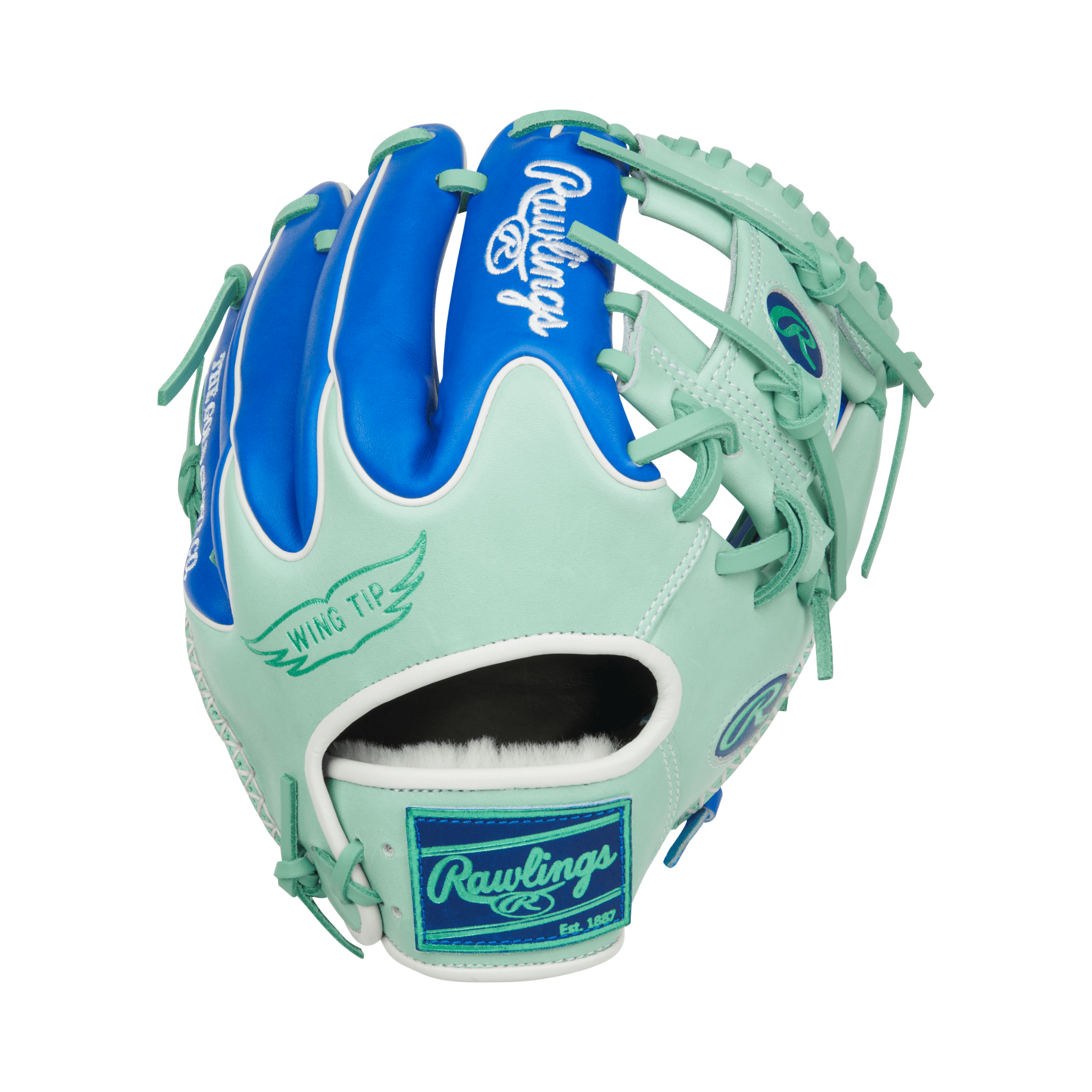 Back view of Rawlings Pro Preferred 11.5" Royal/Mint baseball glove showing Wingtip design and durable pro-grade kip leather