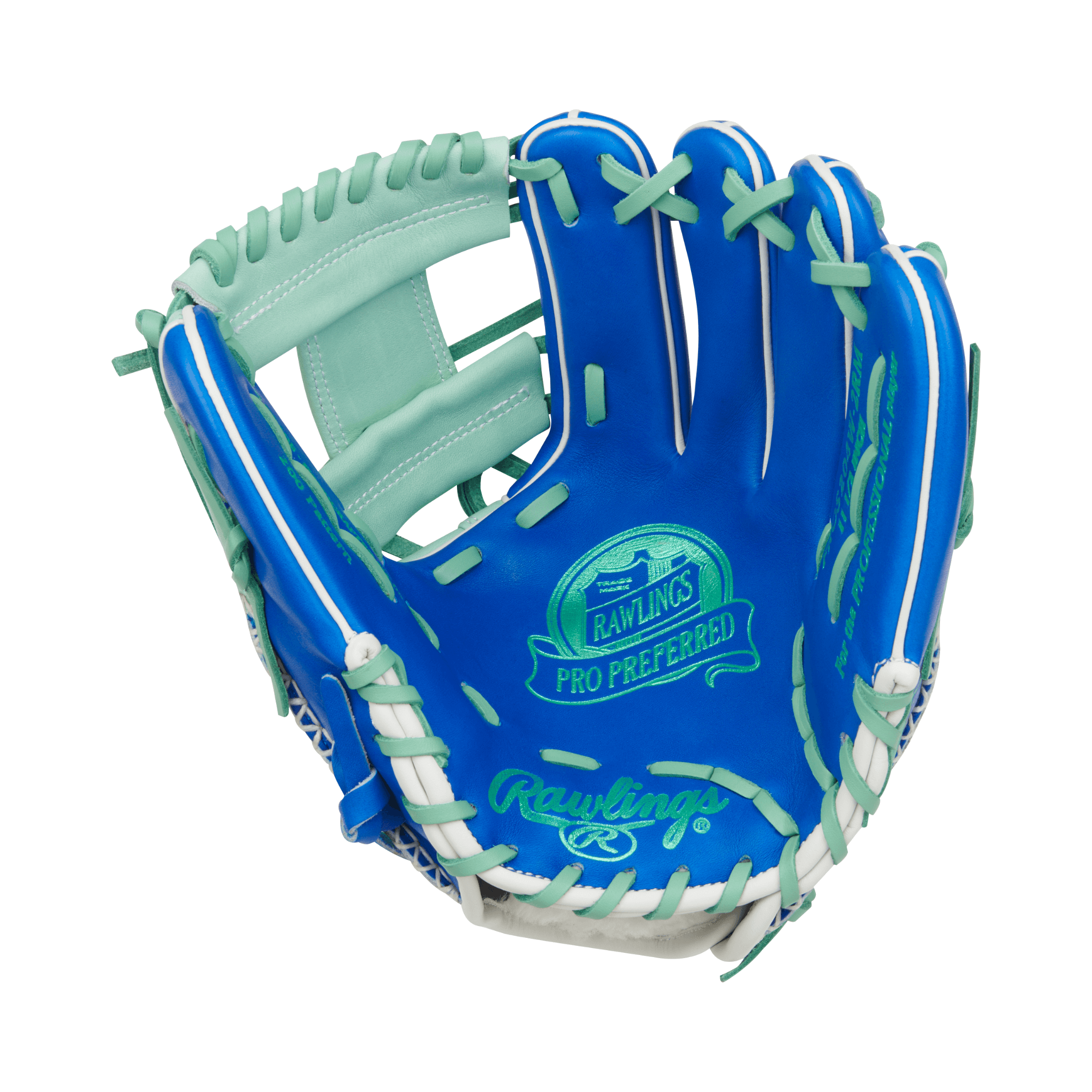 Palm view of Rawlings Pro Preferred 11.5" Royal/Mint infield glove with Pittards sheepskin lining and 100% wool padding