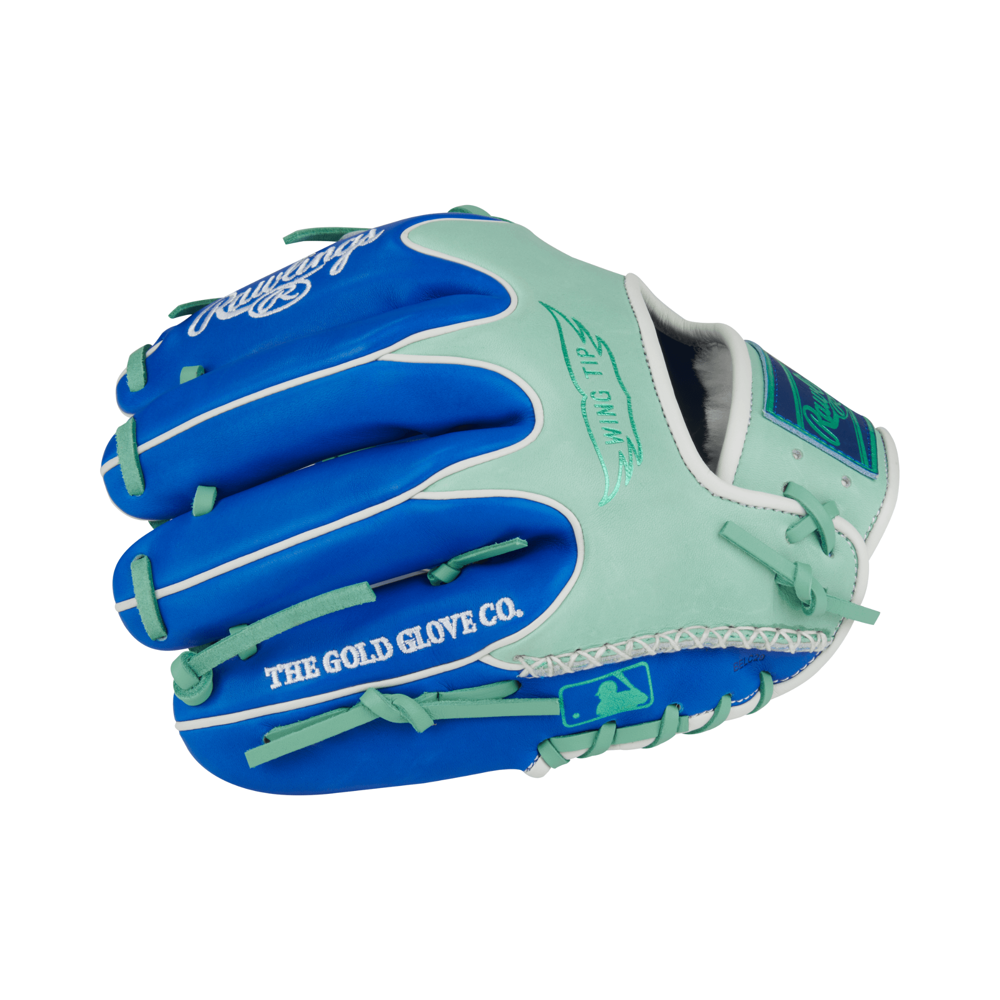 Close-up of finger stalls on Rawlings Pro Preferred 11.5" Royal/Mint infield glove with Pro I web for quick transfers