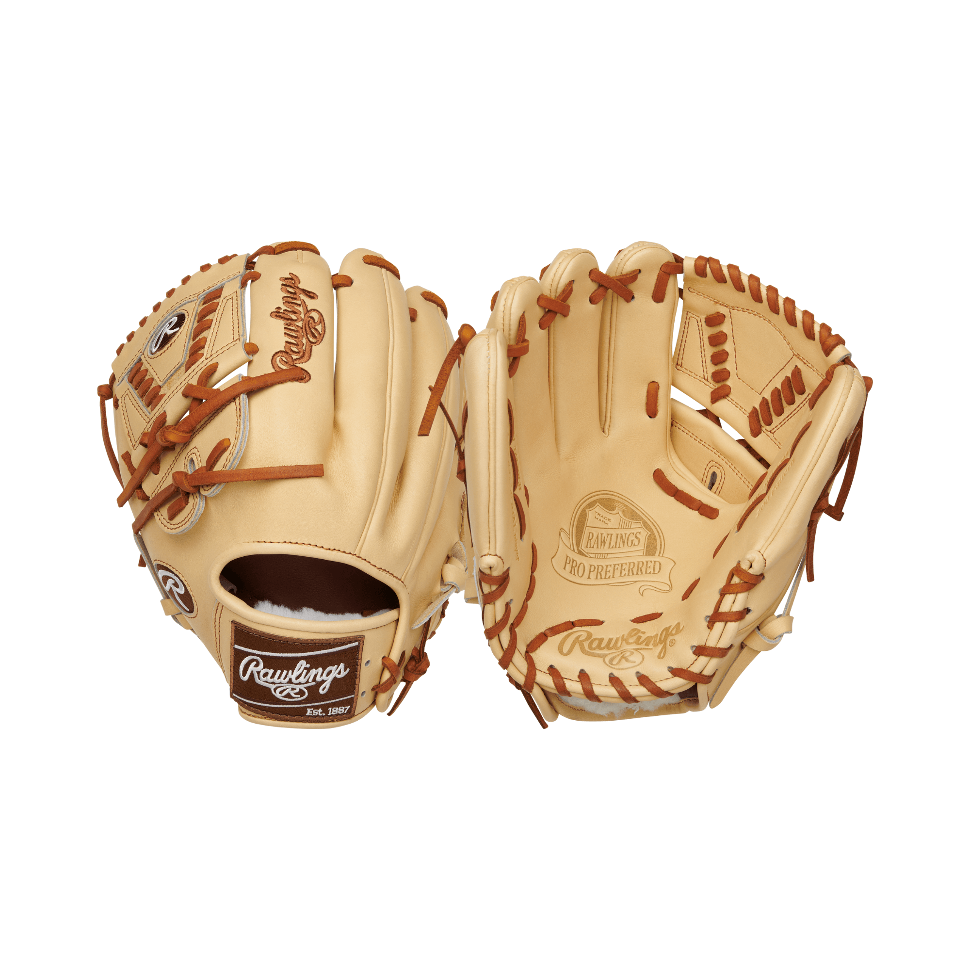 Rawlings Pro Preferred P CONV/2 PC LHT 11.75 baseball glove with large pocket and laced 2-piece solid web