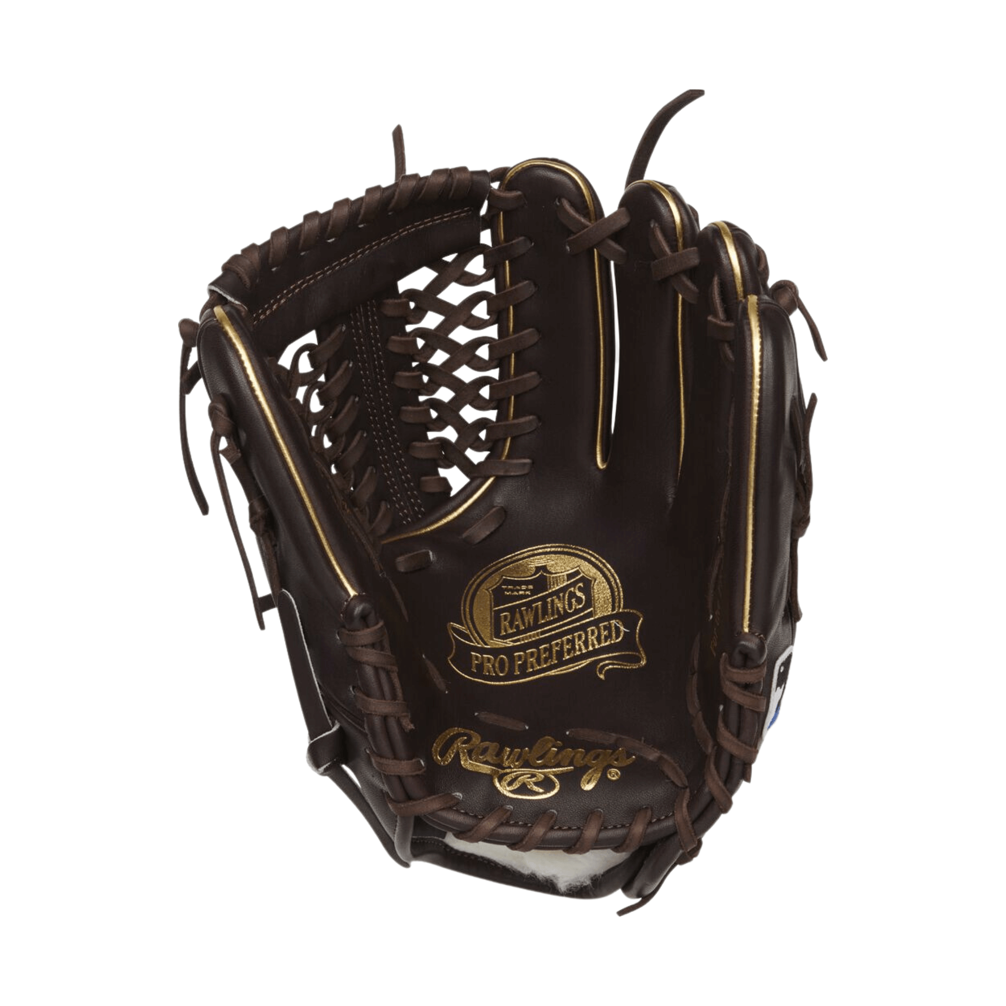 Rawlings Pro Preferred 11.75-inch glove for infielders and pitchers, Modified Trap-Eze web, 100% wool padding, sheepskin lining.