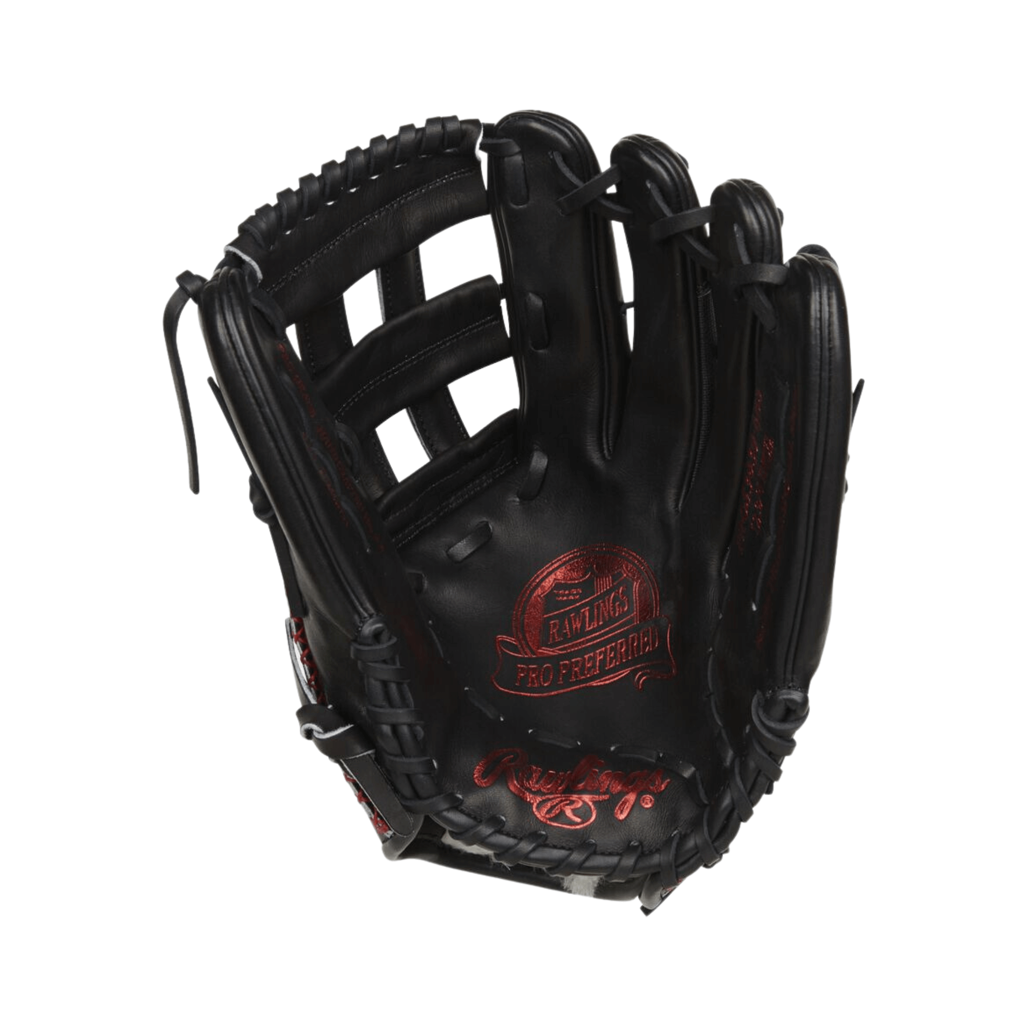 Rawlings Pro Preferred 12.75" baseball glove in black leather showcasing its fine craftsmanship and design.