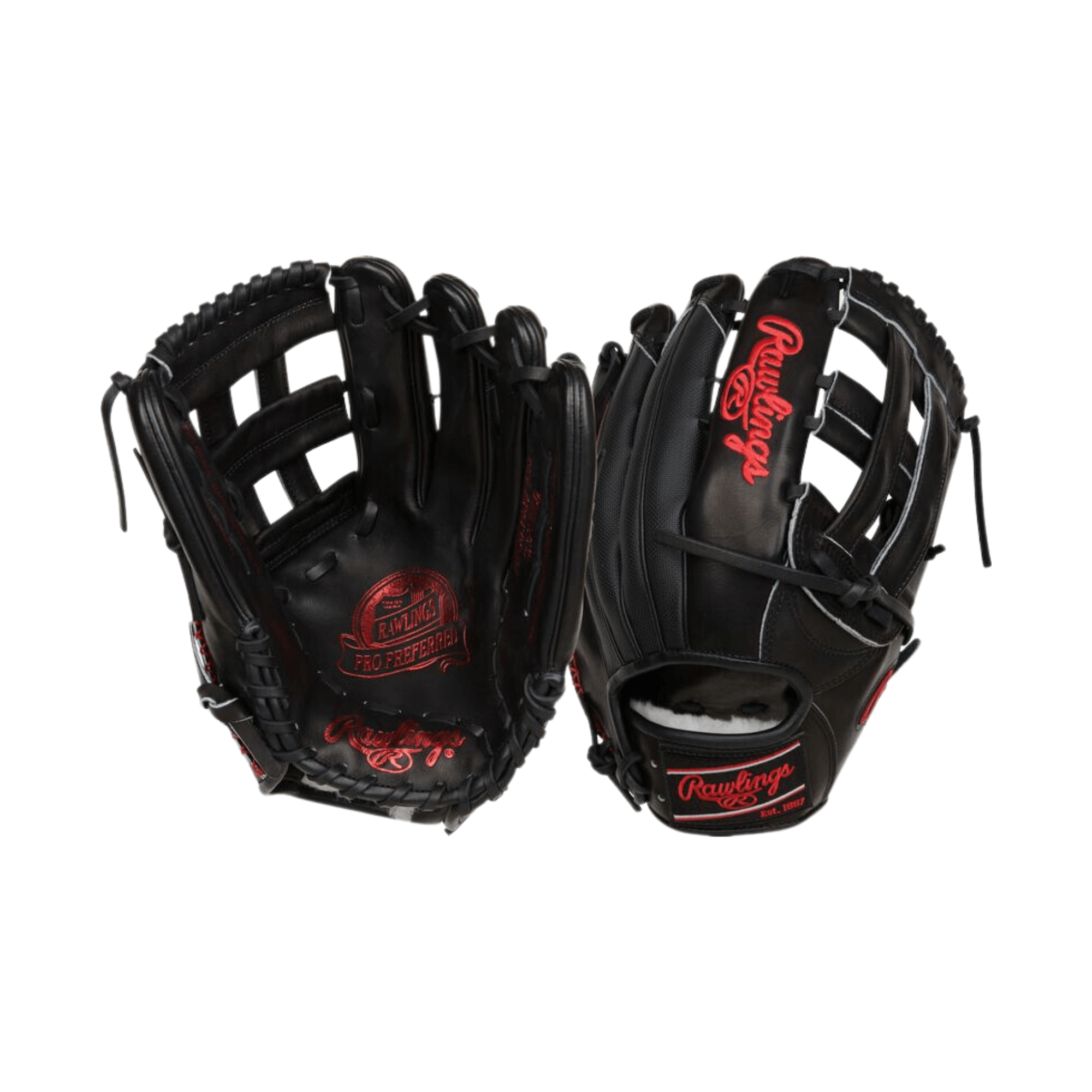 Rawlings Pro Preferred Series 12.75" baseball glove, black with red accents, professional quality and craftsmanship.