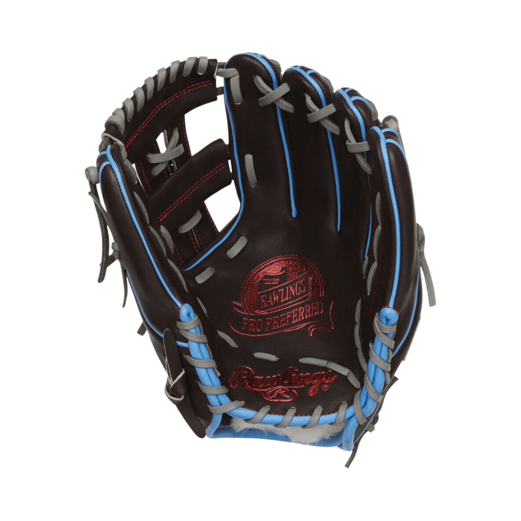 Rawlings Pro Preferred 11.5-inch INF glove with blue and grey accents, made from high-quality kip leather for performance.