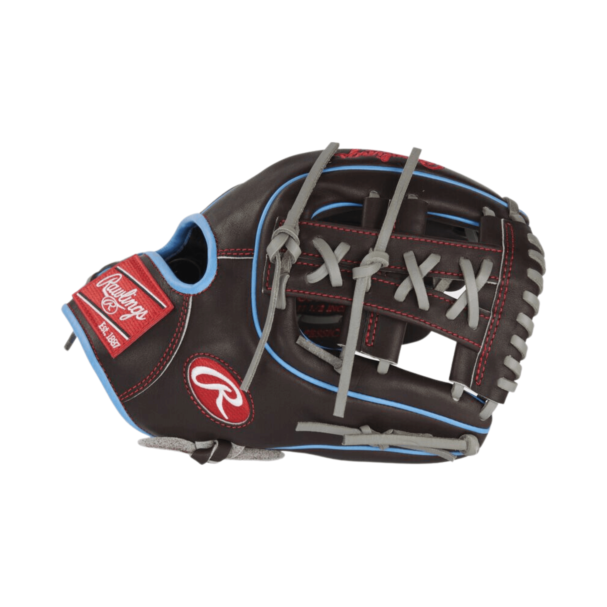 Rawlings Pro Preferred 11.5-inch infielder glove in brown with blue and red accents, crafted from premium kip leather.
