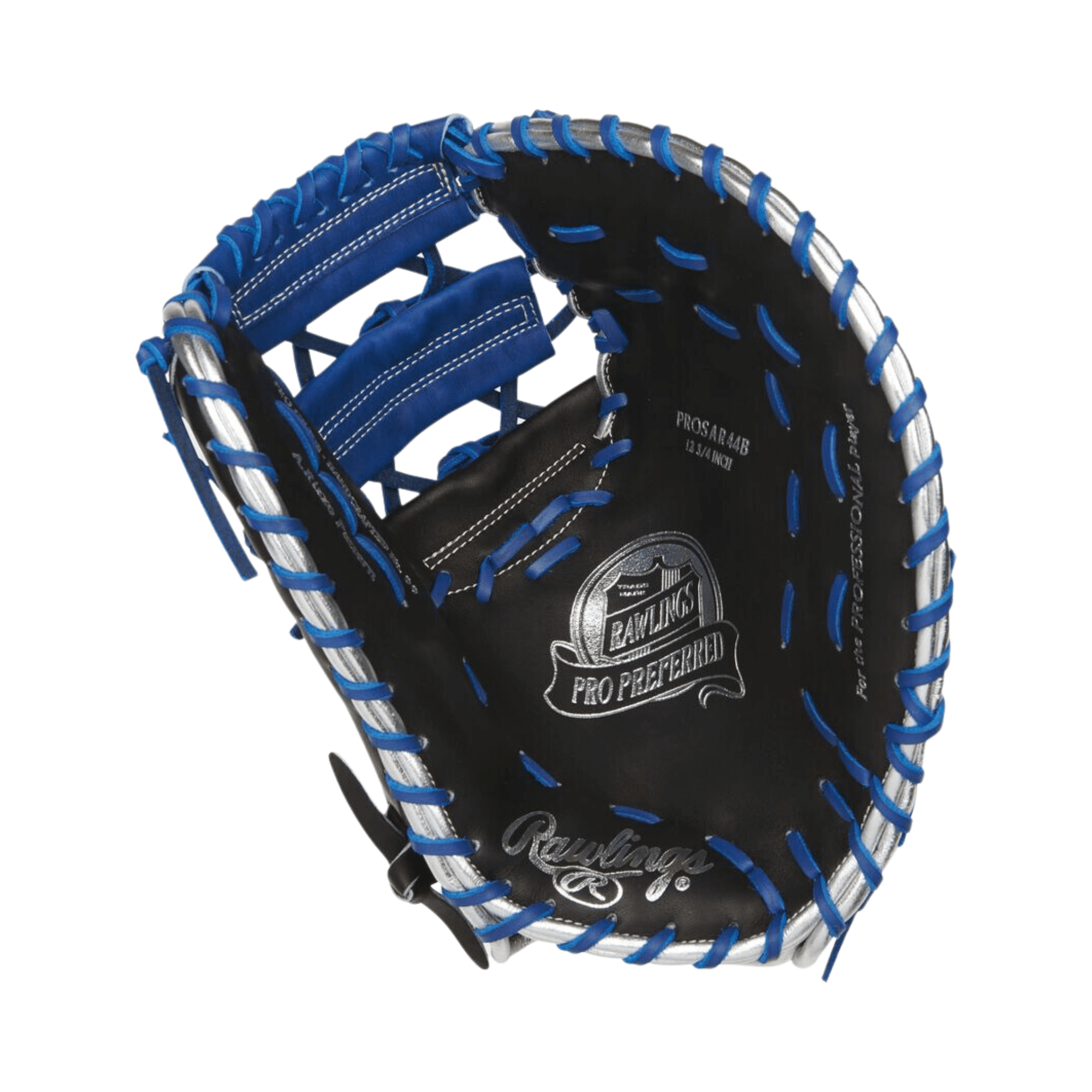 Rawlings 2021 Pro Preferred Anthony Rizzo first base mitt 12.75" in black and blue, showcasing craftsmanship and deep pocket design.