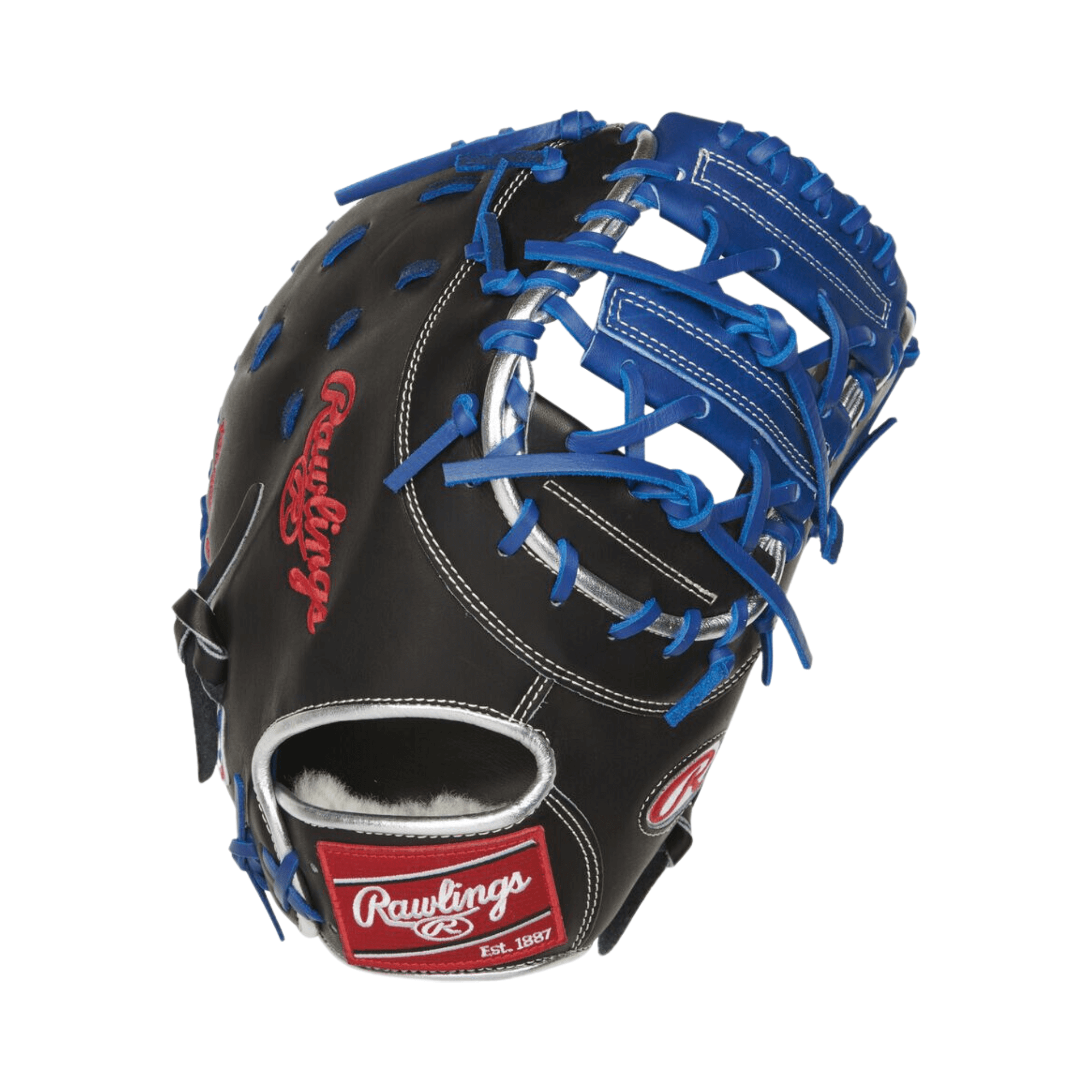 Rawlings 2021 Pro Preferred Anthony Rizzo First Base Mitt 12.75" in black and blue, designed for left-handed throwers.