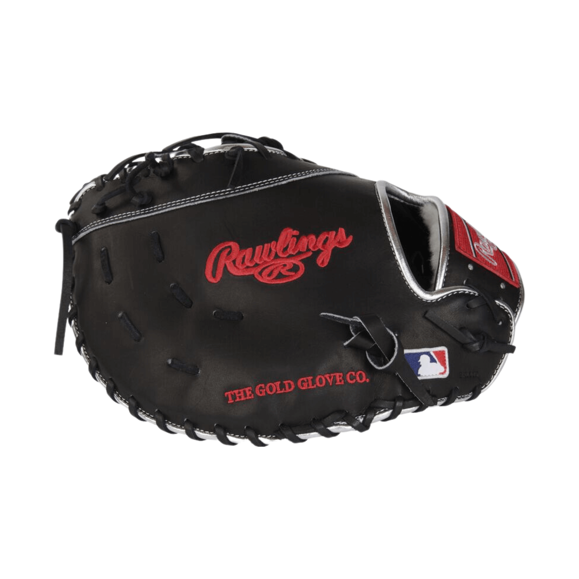 Rawlings Pro Preferred Anthony Rizzo first base mitt in black leather with red and white accents.
