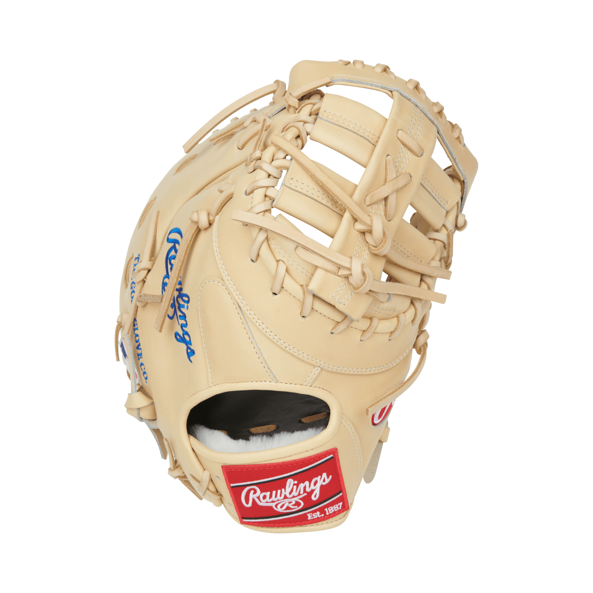 Back view of Rawlings Pro Preferred 13" Bryce Harper camel first base mitt showing durable pro-grade kip leather and red patch branding