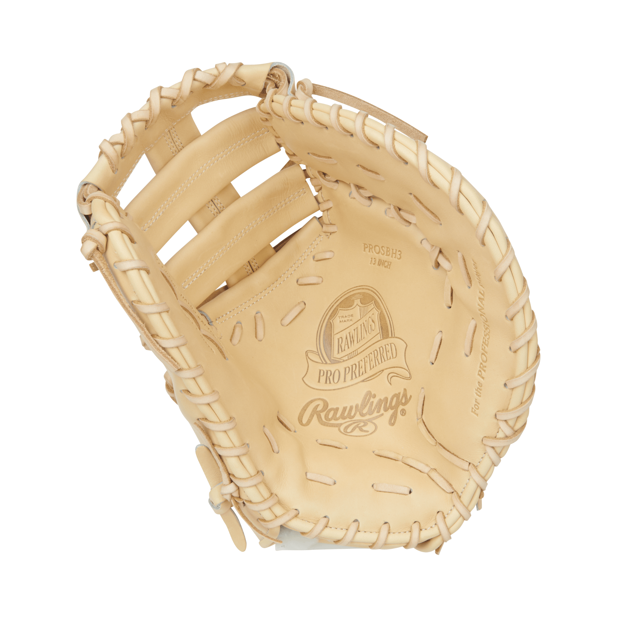 Palm view of Rawlings Pro Preferred 13" Bryce Harper first base mitt with deep pocket and Pittards sheepskin lining