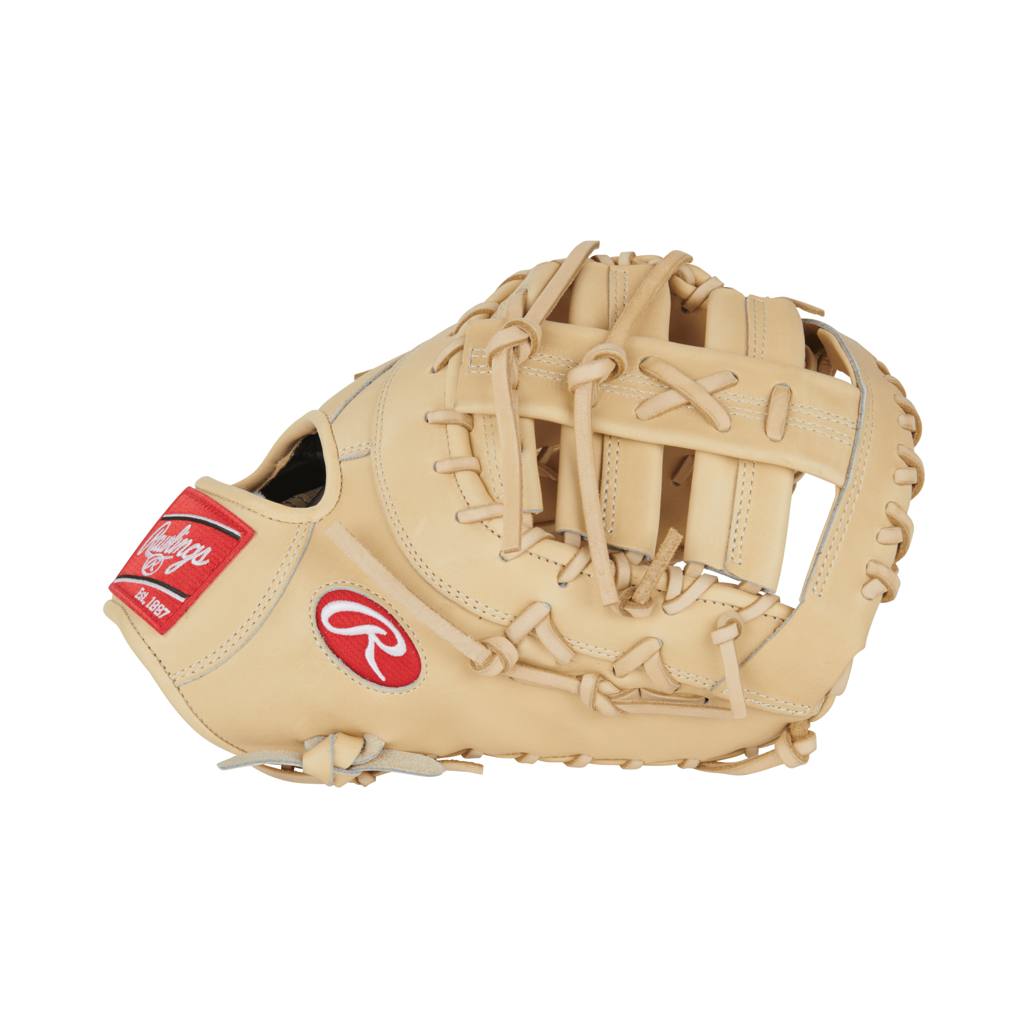 Close-up of thumb area on Rawlings Pro Preferred 13" Bryce Harper first base mitt with padded thumb sleeve for comfort