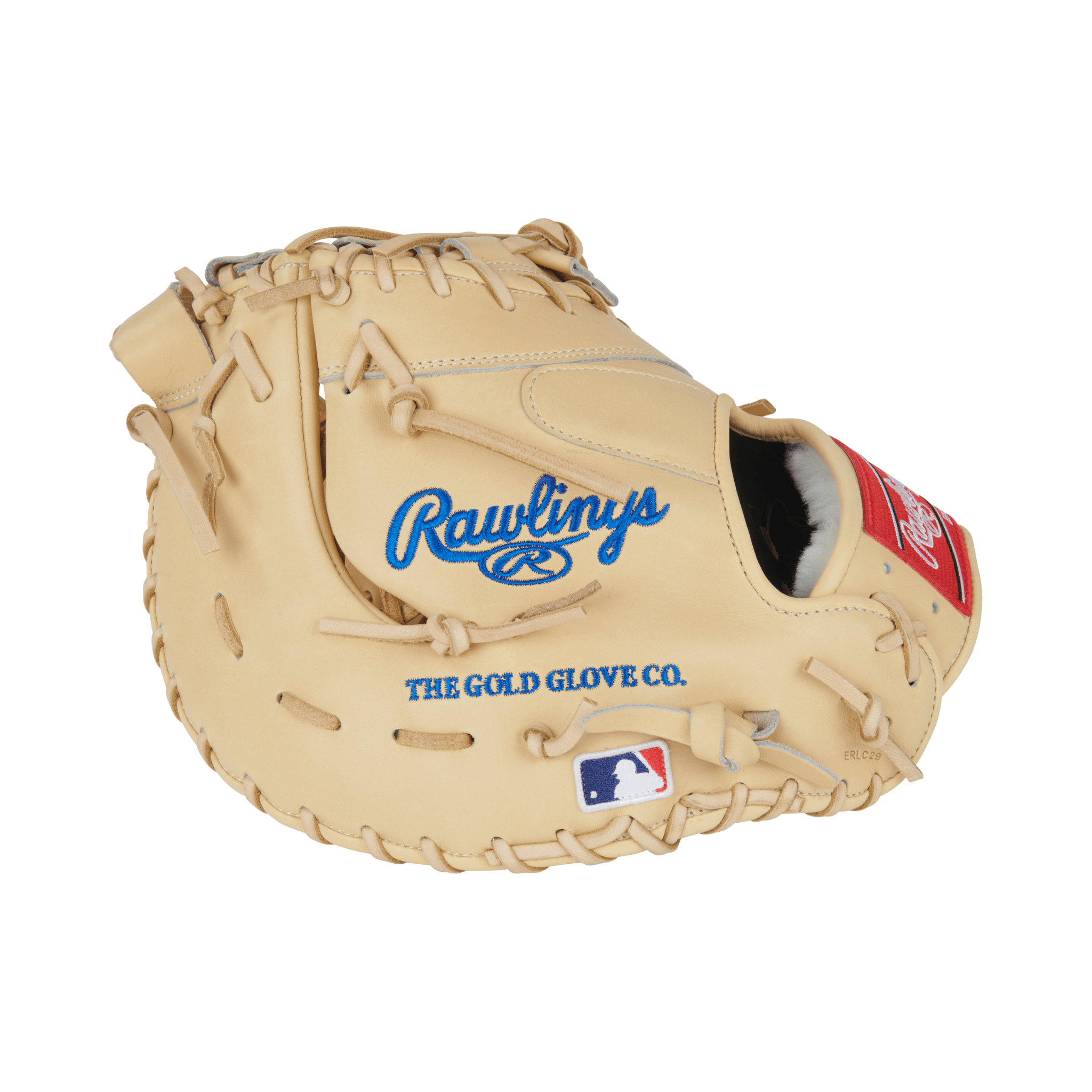 Close-up of finger stalls on Rawlings Pro Preferred 13" Bryce Harper camel first base mitt with strong lacing and Single Post Double Bar Web
